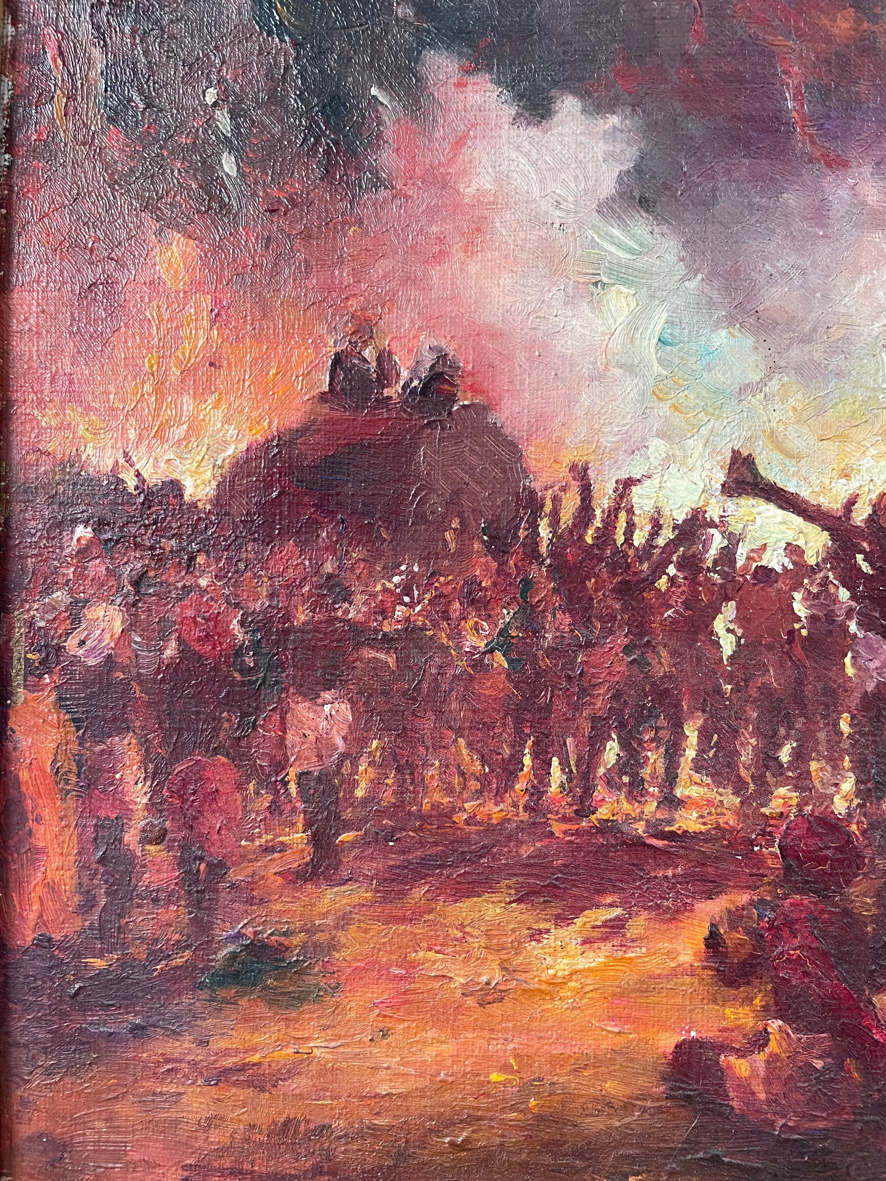 South Indian Oil on Canvas Painting Late 19th Early 20th Century Festival Night 2