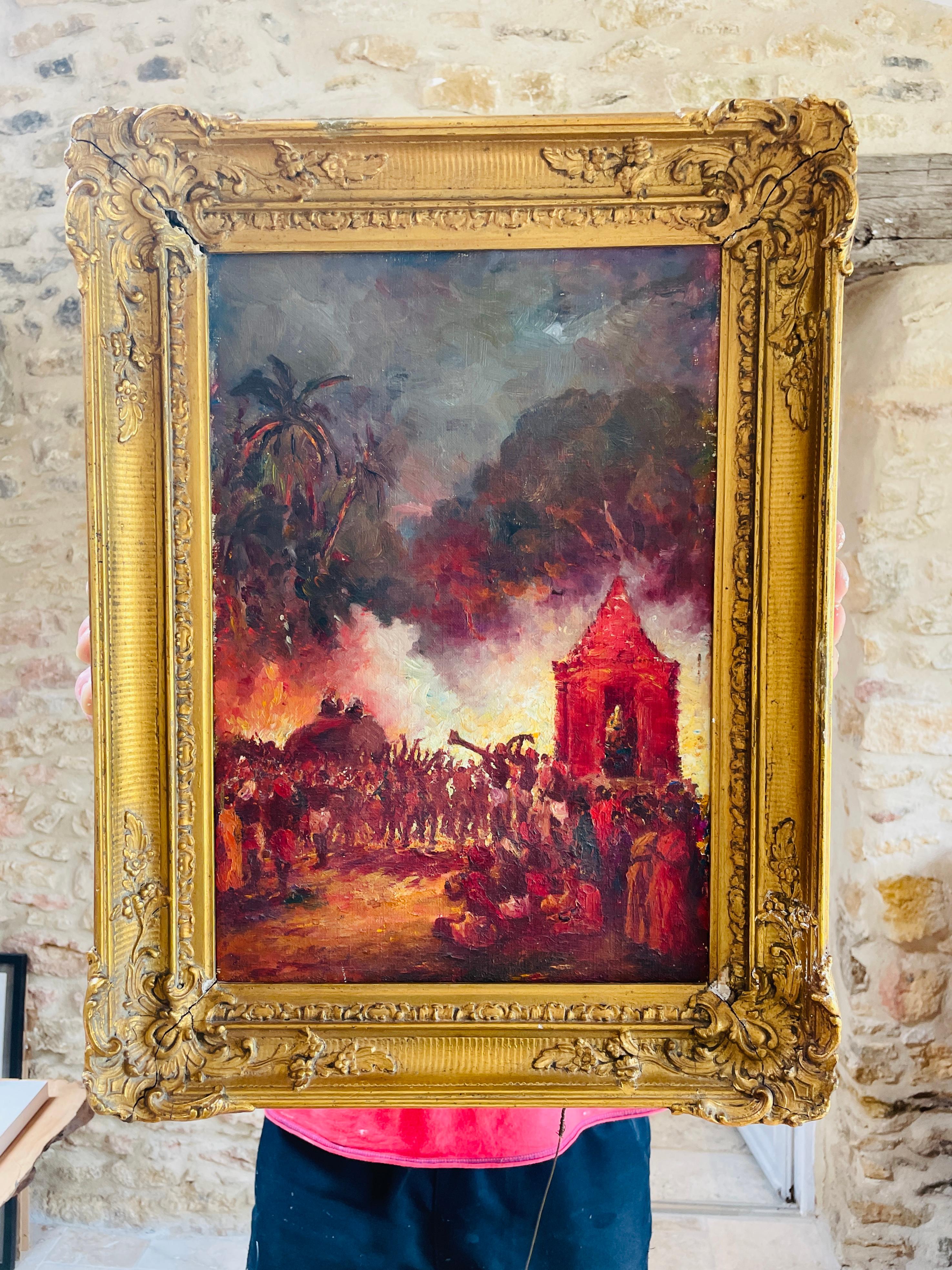 South Indian Oil on Canvas Painting Late 19th Early 20th Century Festival Night 6