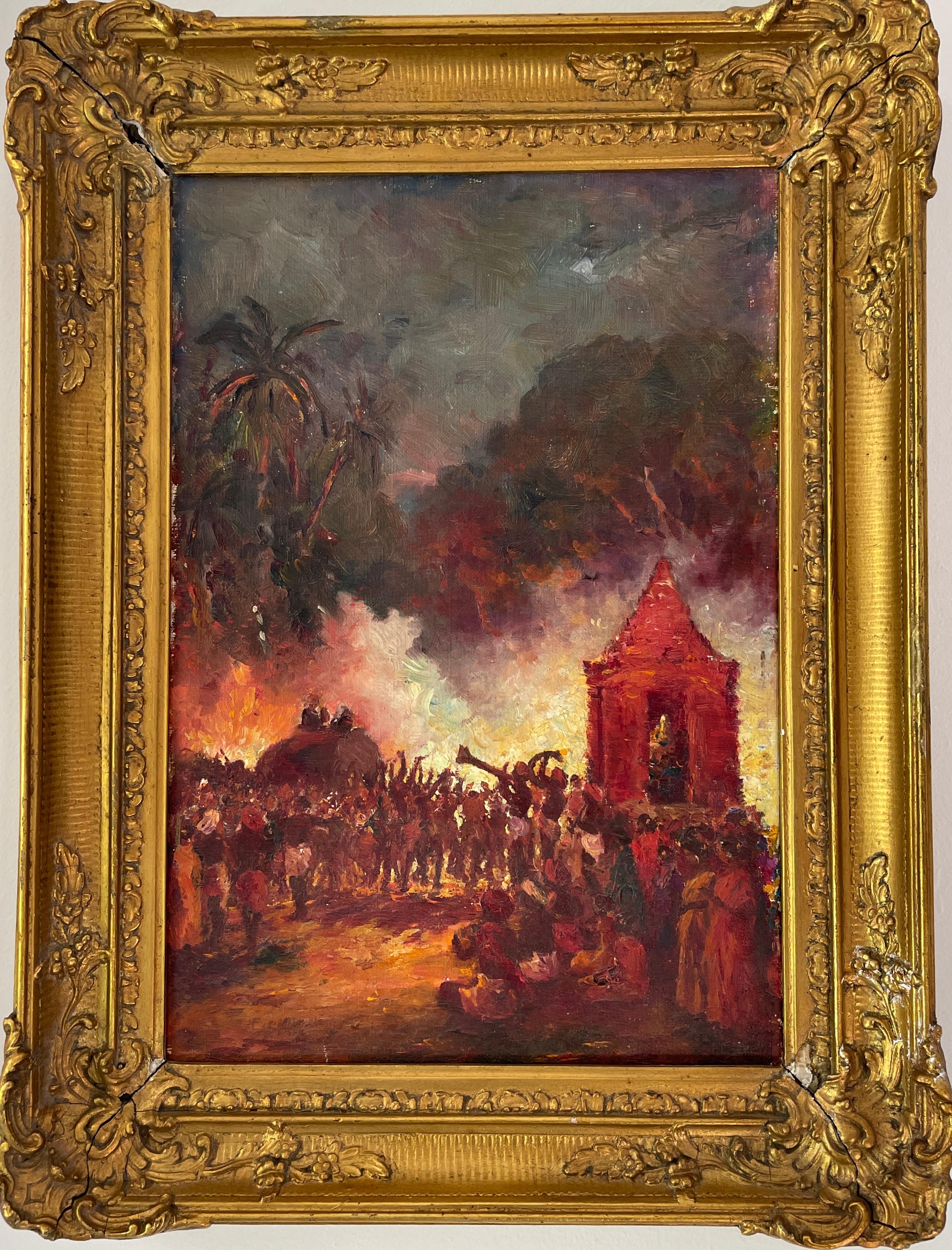 South Indian Oil on Canvas Painting Late 19th Early 20th Century Festival Night
