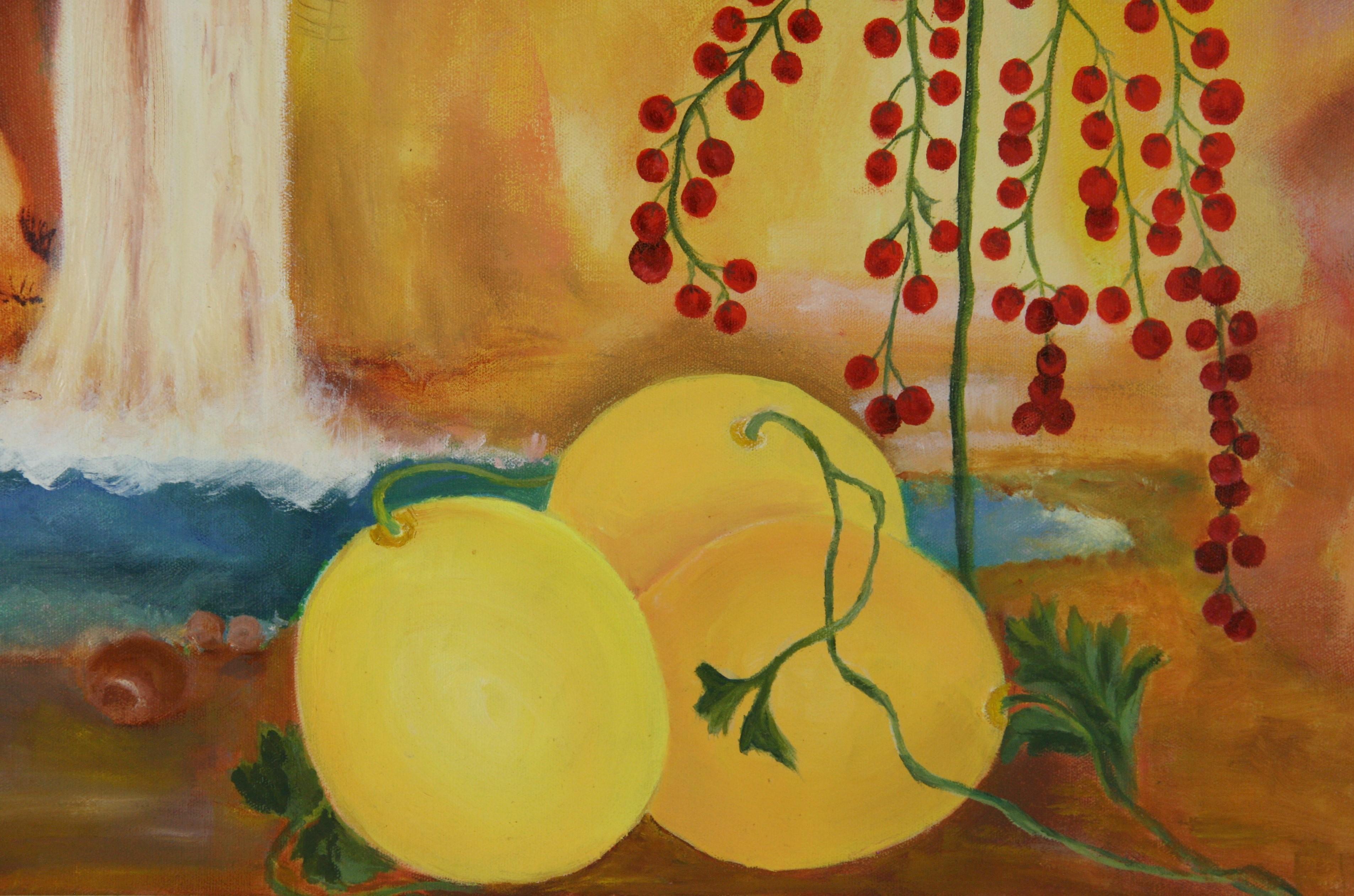 5170 Vintage southwest oil painting fantasy waterfall with flowers and oversized fruit