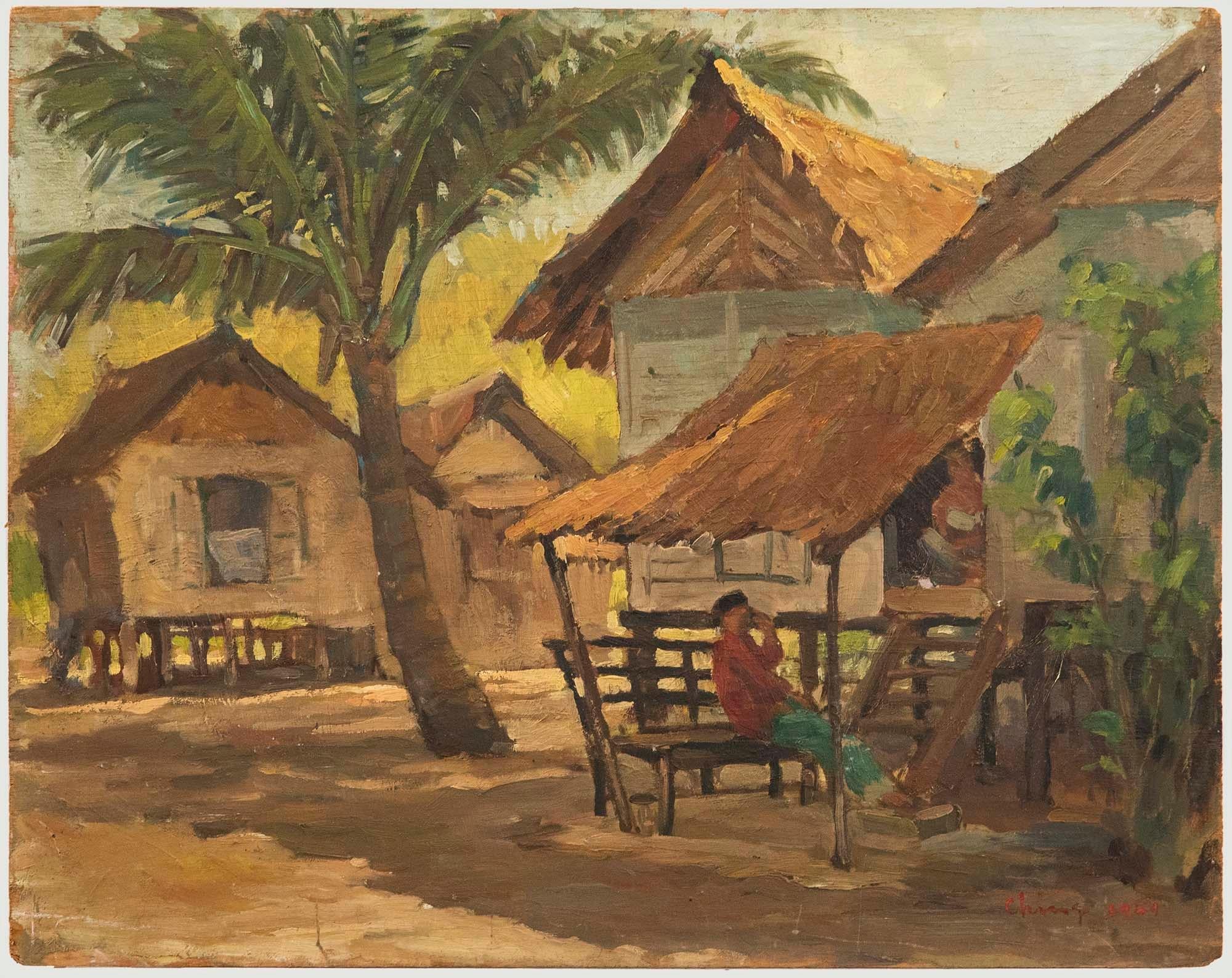 Southeast Asian 1949 Oil - Malaysian Huts with Figures - Painting by Unknown
