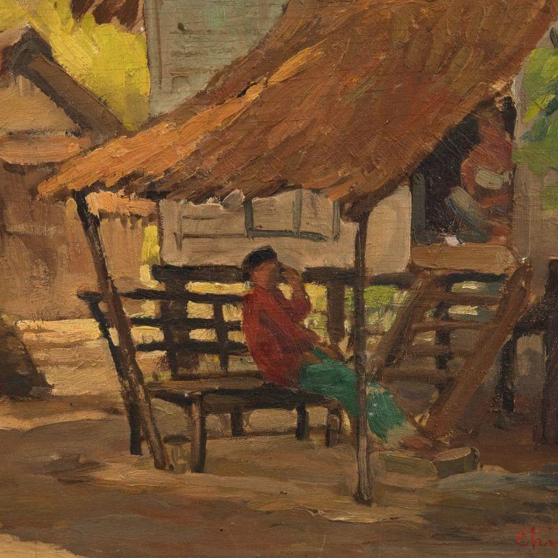 Southeast Asian 1949 Oil - Malaysian Huts with Figures For Sale 2