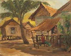Southeast Asian 1949 Oil - Malaysian Huts with Figures