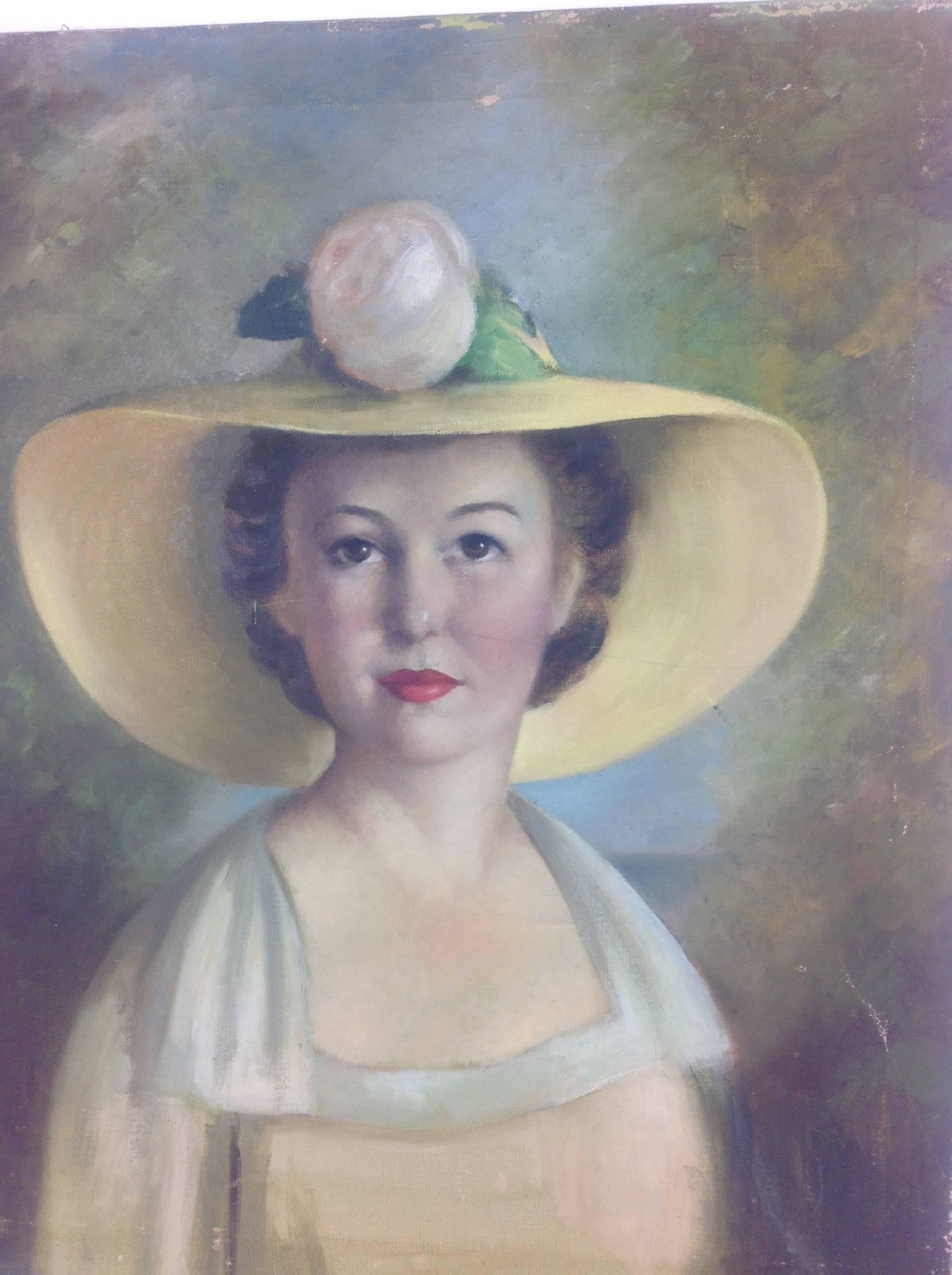 Portrait Painting Unknown - Bell américaine ancienne du Sud   Portrait de femme   Pétrole  Peinture  1920