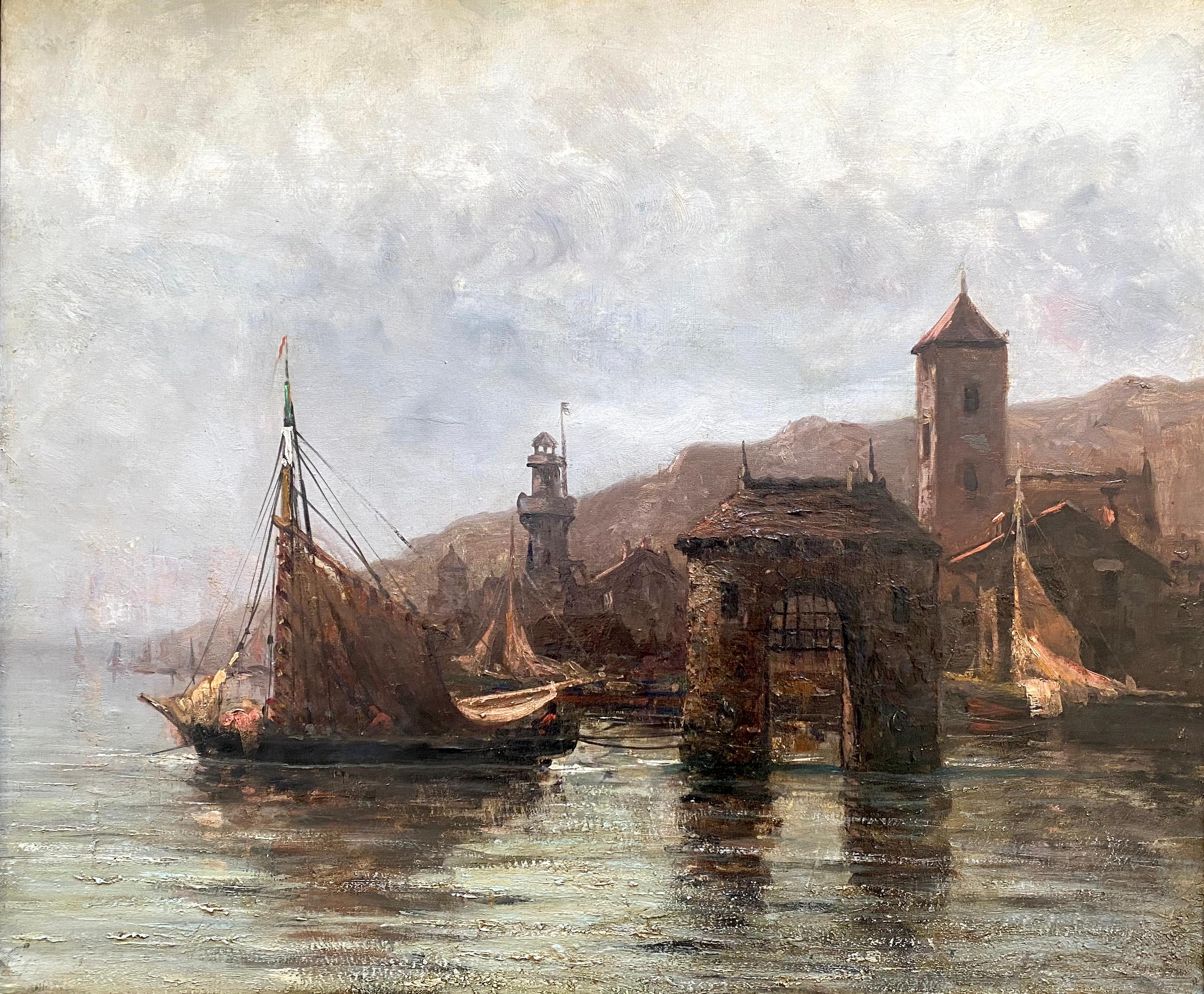 Southern City by the sea atmospheric large blue green seascape harbour painting - Painting by Unknown