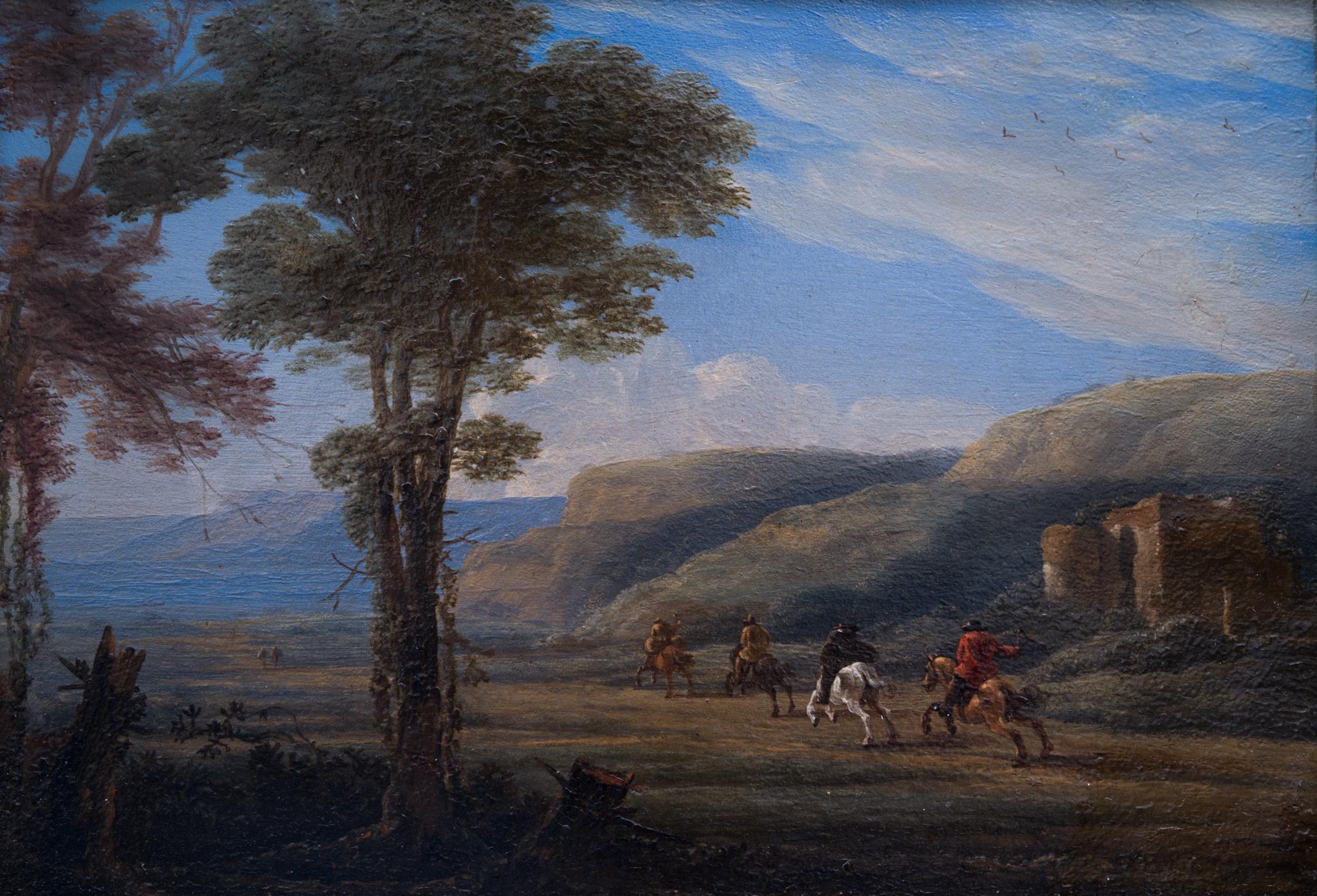 Unknown Landscape Painting - Southern Landscape with Riders: A Miniature Copper Masterpiece from the 1600s