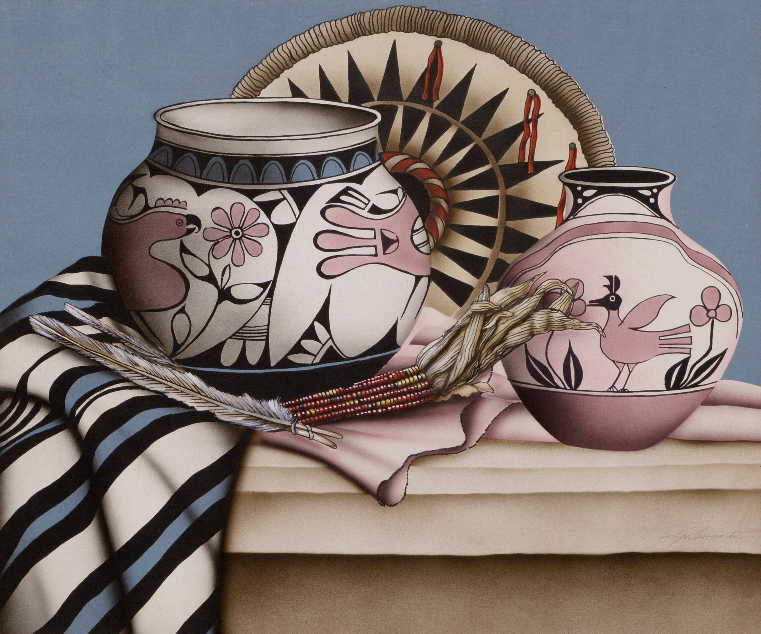 Southwest Zuni Pottery Still Life by Amaranta - Painting by Unknown