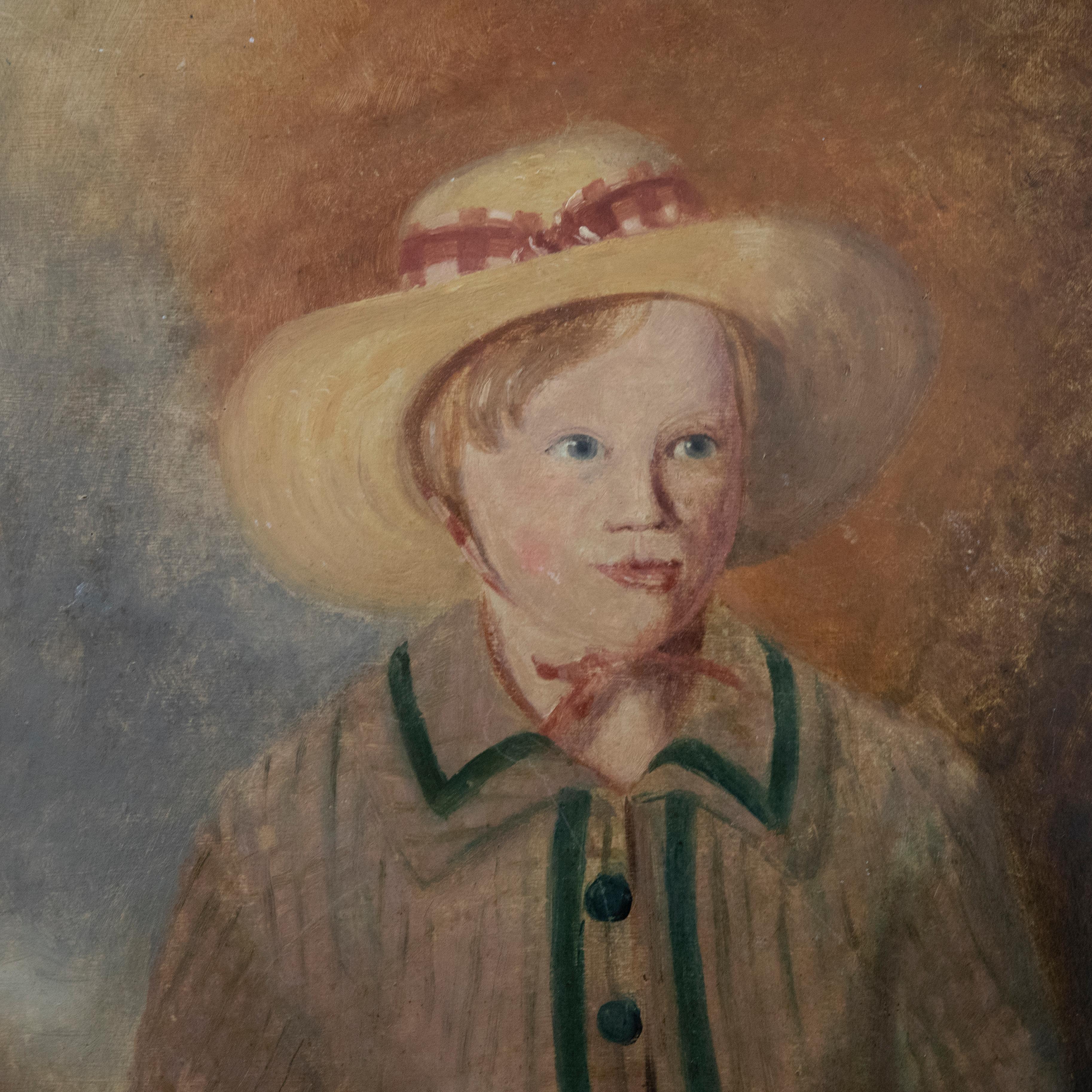 Spackman - 19th Century Folk Art Oil, Child in a Button Down Coat For Sale 1