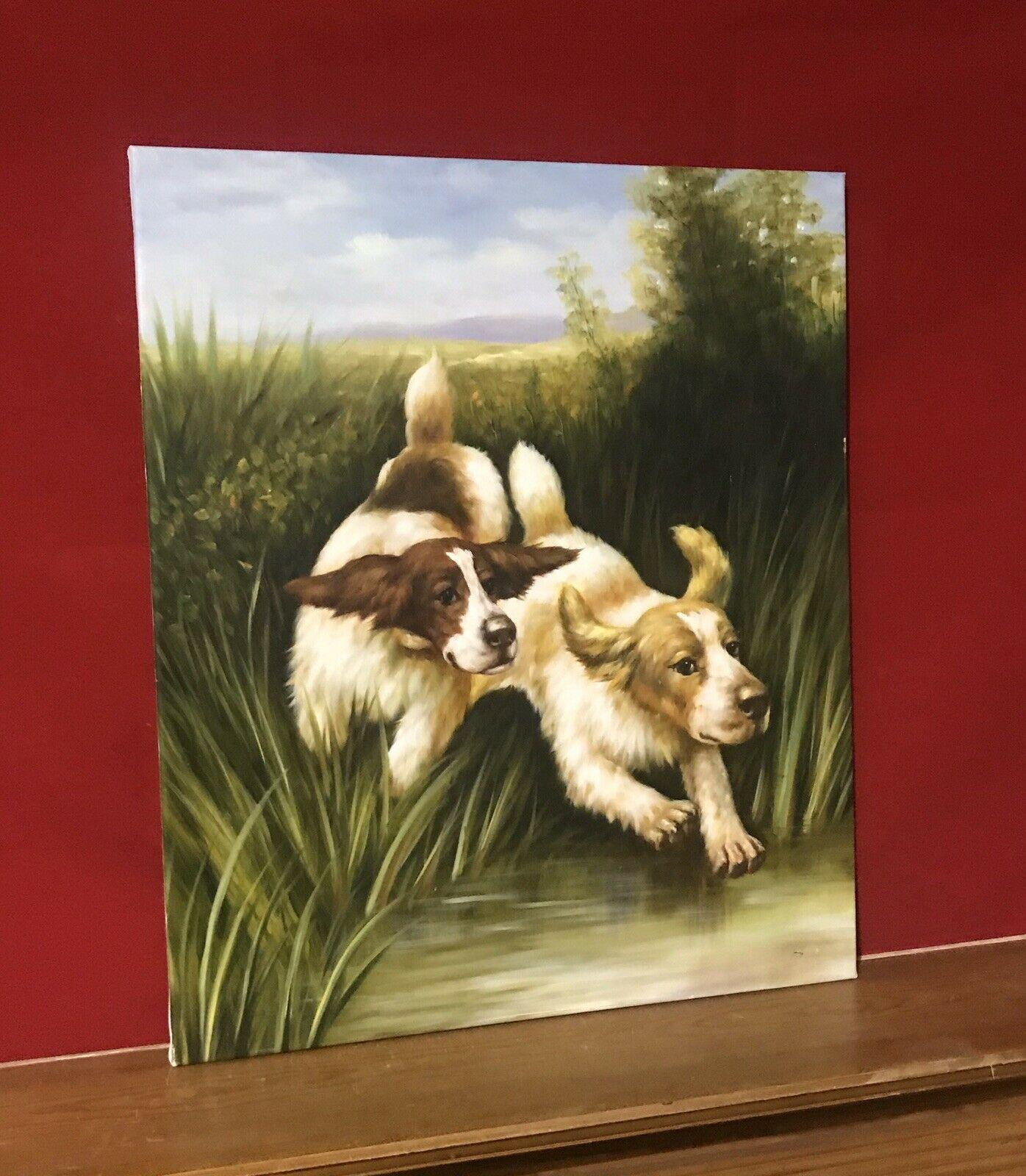 SPANIELS CHASING THROUGH REED BEDS - LARGE OIL PAINTING ON CANVAS - Painting by Unknown