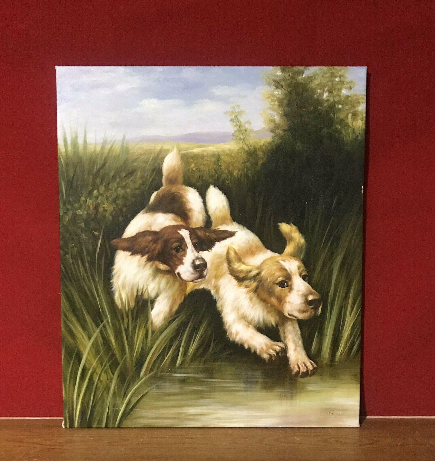 SPANIELS CHASING THROUGH REED BEDS - LARGE OIL PAINTING ON CANVAS - Victorian Painting by Unknown
