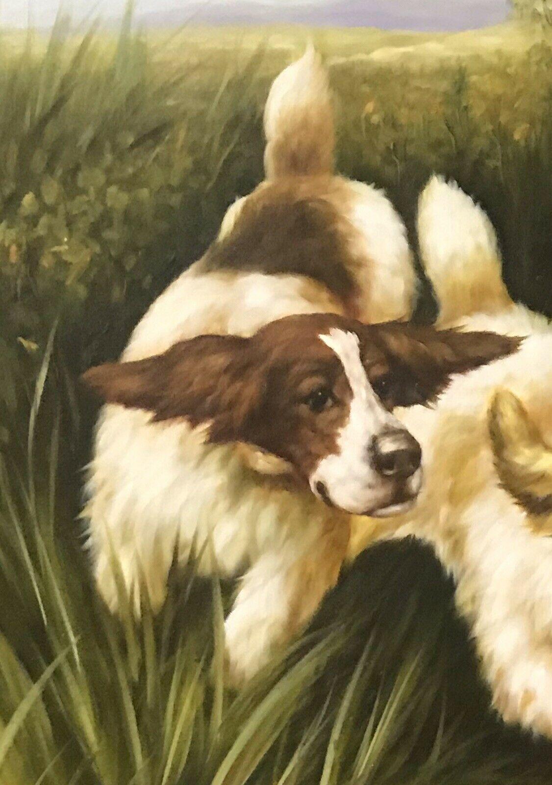 SPANIELS CHASING THROUGH REED BEDS - LARGE OIL PAINTING ON CANVAS - Brown Landscape Painting by Unknown