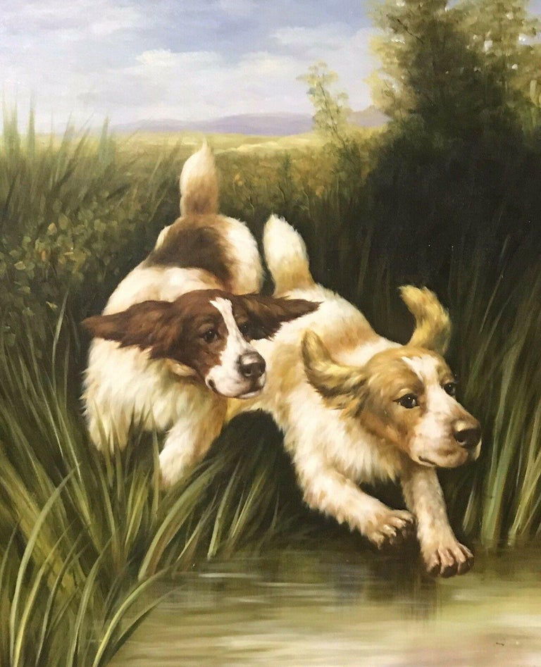 Unknown - SPANIELS CHASING THROUGH REED BEDS - LARGE OIL PAINTING ON ...