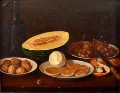 Spanish 18th C. Oil on Canvas"Still Life with Walnuts, Melon, Grapes and Orange"
