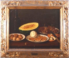 Spanish 18th C. Oil on Canvas"Still Life with Walnuts, Melon, Grapes and Orange"