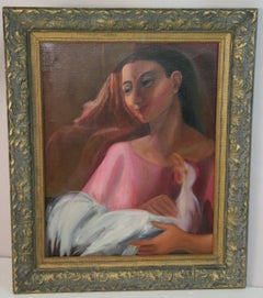 Spanish Beauty with White Bird, Antique Figurative Painting, 25.5x21.5