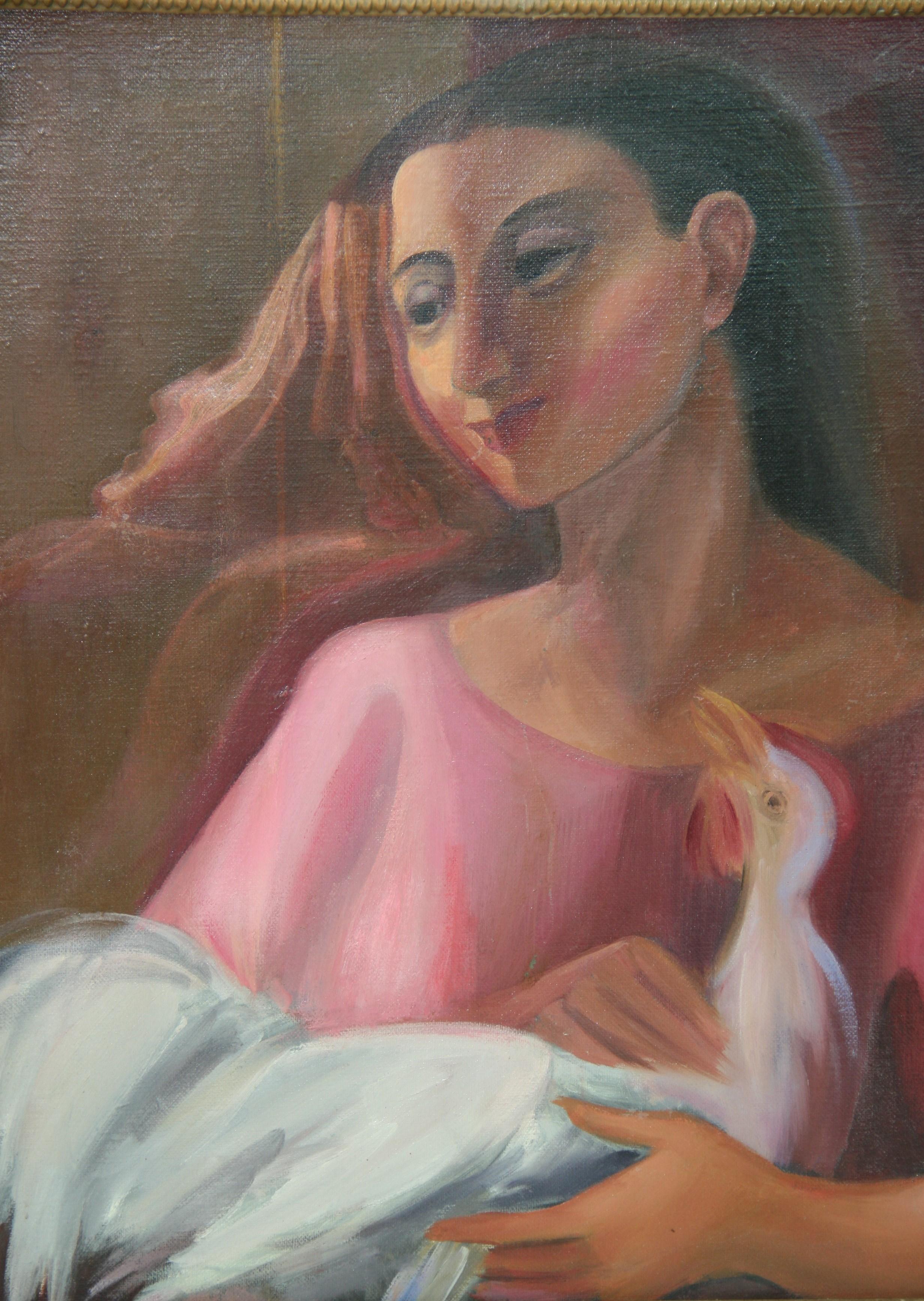Spanische Schönheit mit weißem Vogel im Stil von Picasso (Braun), Figurative Painting, von Unknown