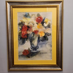 Spanish Gouache on Paper “Still Life with Flowers signed M. Chamorro