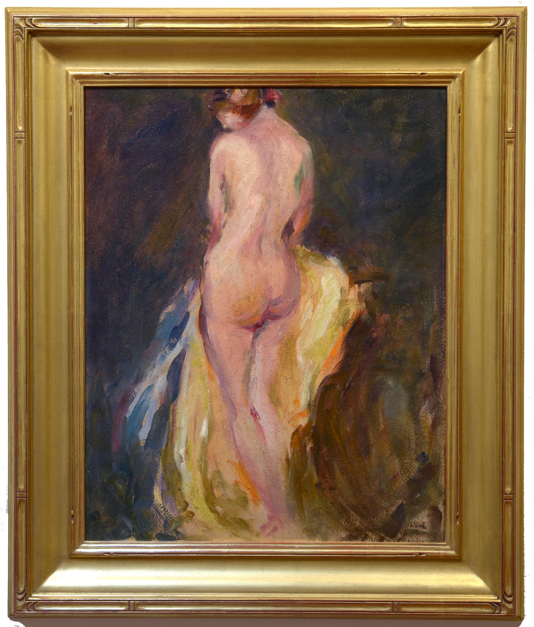 Spanish Gown, Standing Nude Figure, American Impressionist, 1920s, Oil on Board - Painting by Unknown