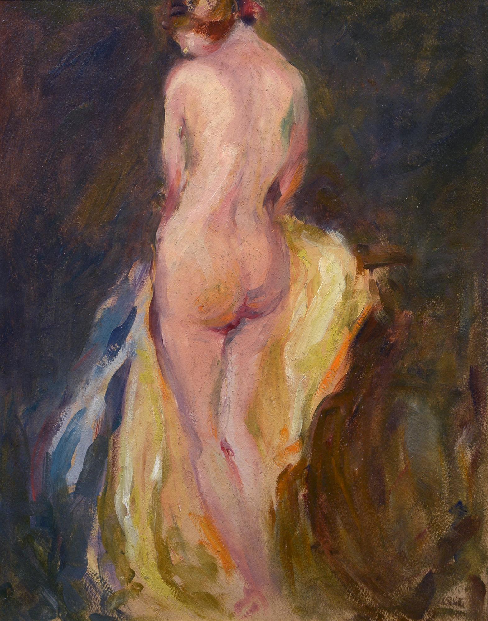 Robe espagnole, figure nue debout, impressionniste américaine, années 1920, huile sur panneau