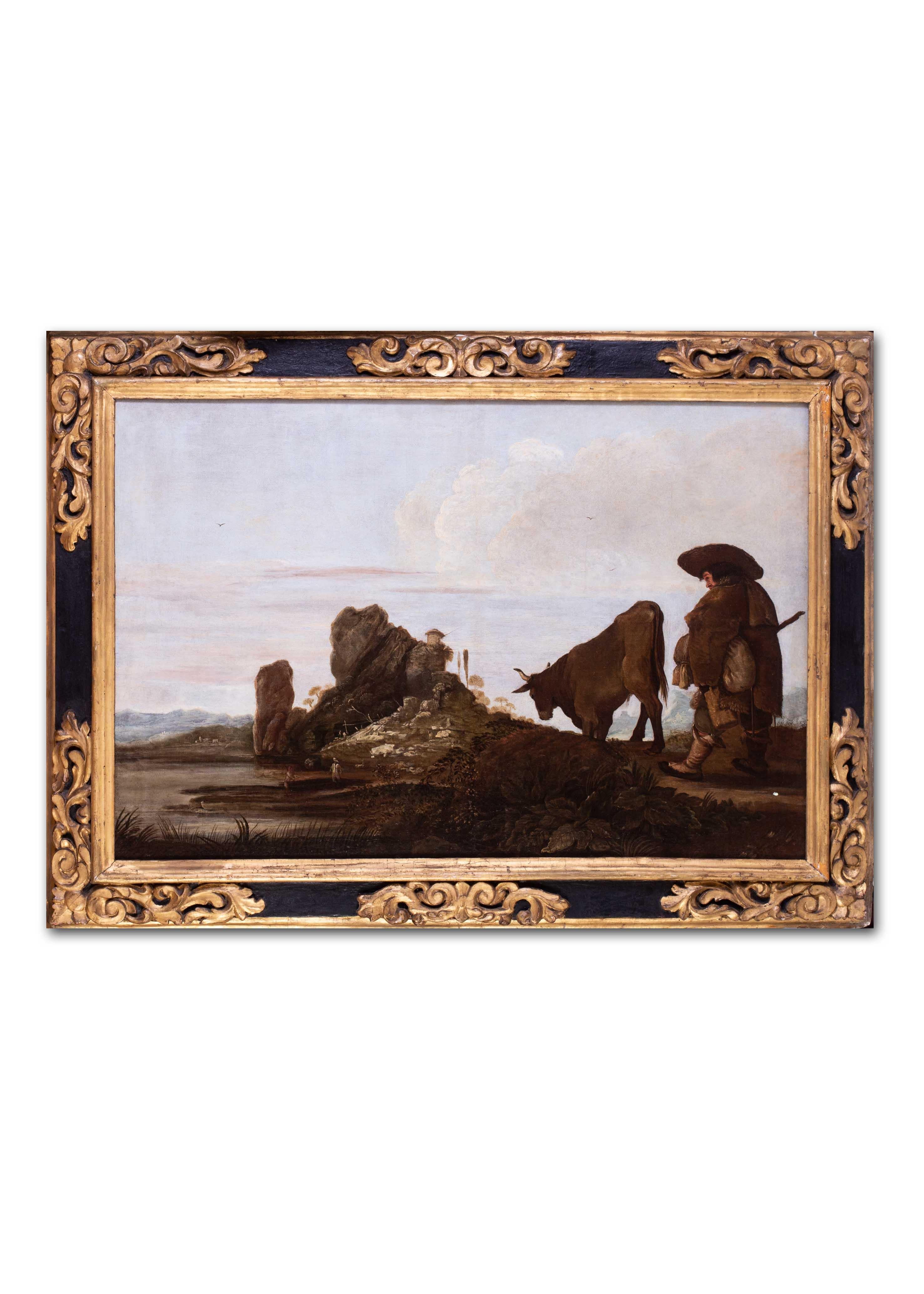 Spanish School (17th Century)
The road to market
Oil on canvas
29.1/4 x 43.1/4 in. (74.3 x 110 cm.)

in what is thought to be its original carved and gilded frame with black inner sections and foliate decoration, minor losses, abrasions and chips. 