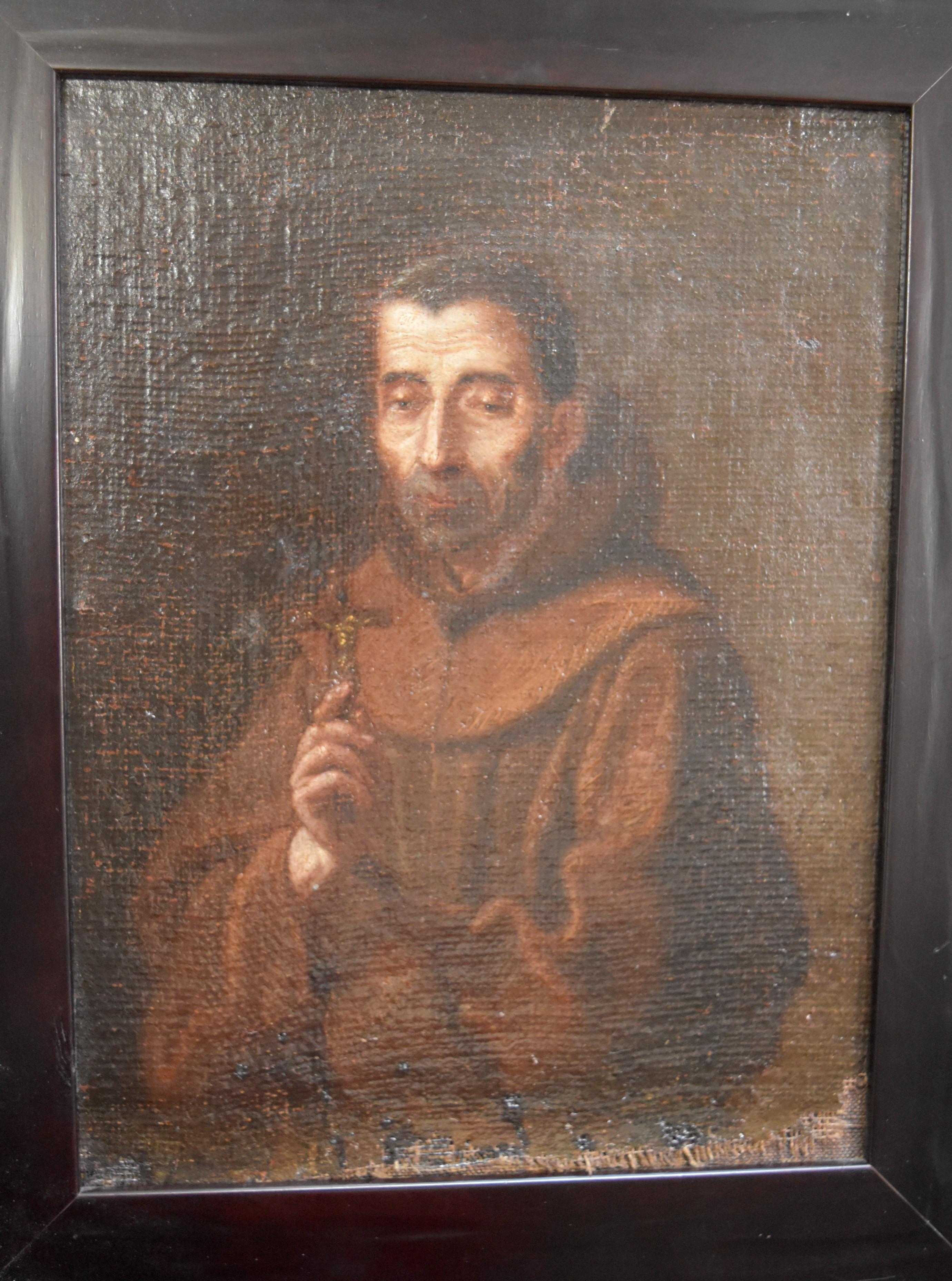 Unknown Figurative Painting - Spanish School 17th Century, Saint Francis holding a cross, oil on canvas