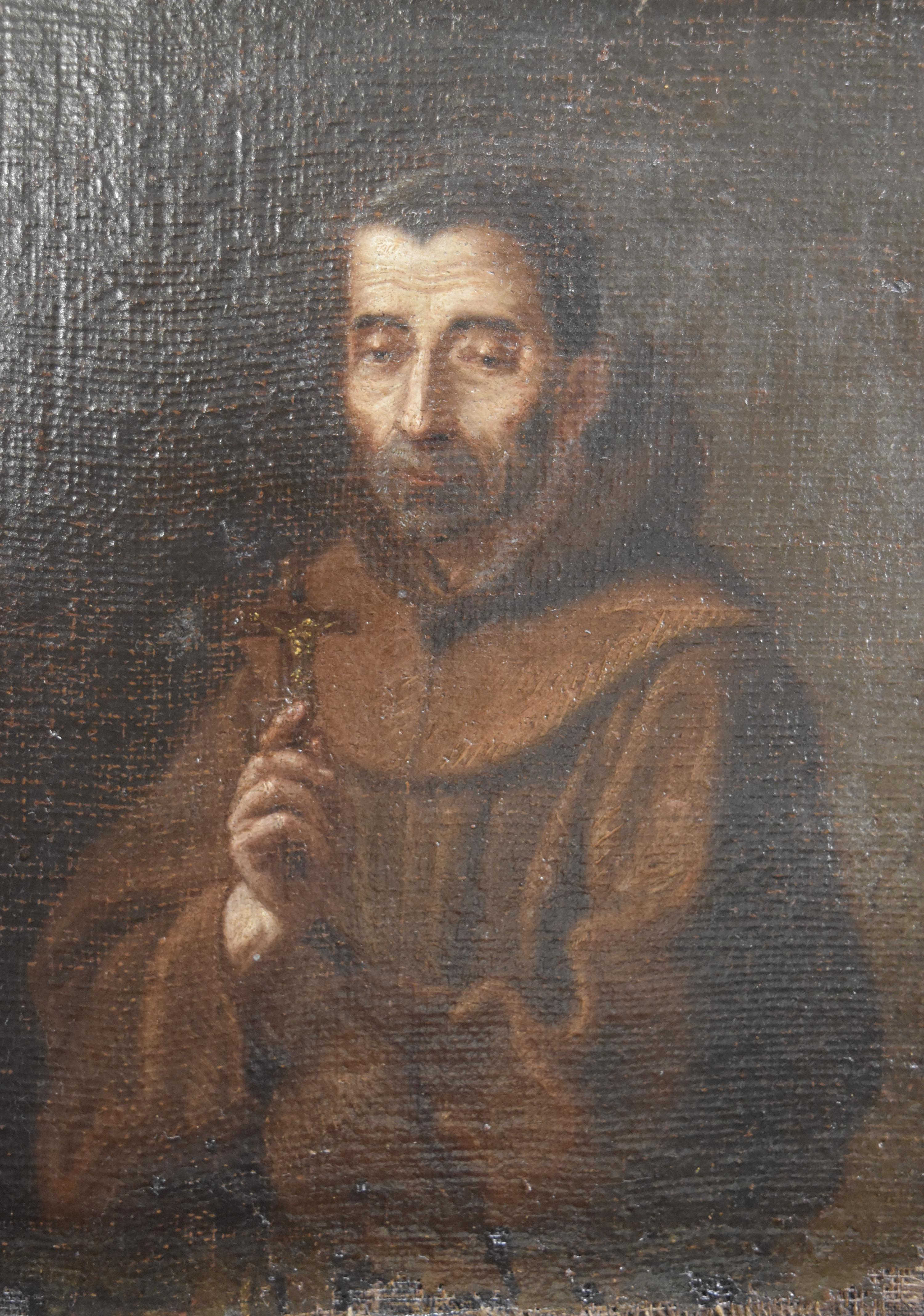 Spanish School 17th Century, Saint Francis holding a cross, oil on canvas - Painting by Unknown