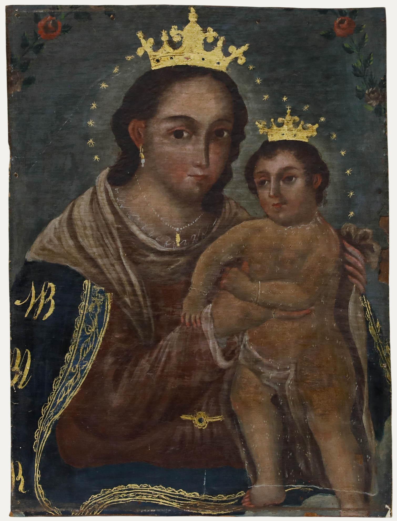 Unknown Figurative Painting - Spanish School 19th Century Oil - The Virgin Mary with Christ