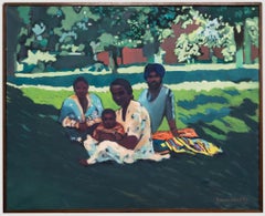 Spanish School  Olio del XX secolo - Famiglia nel parco