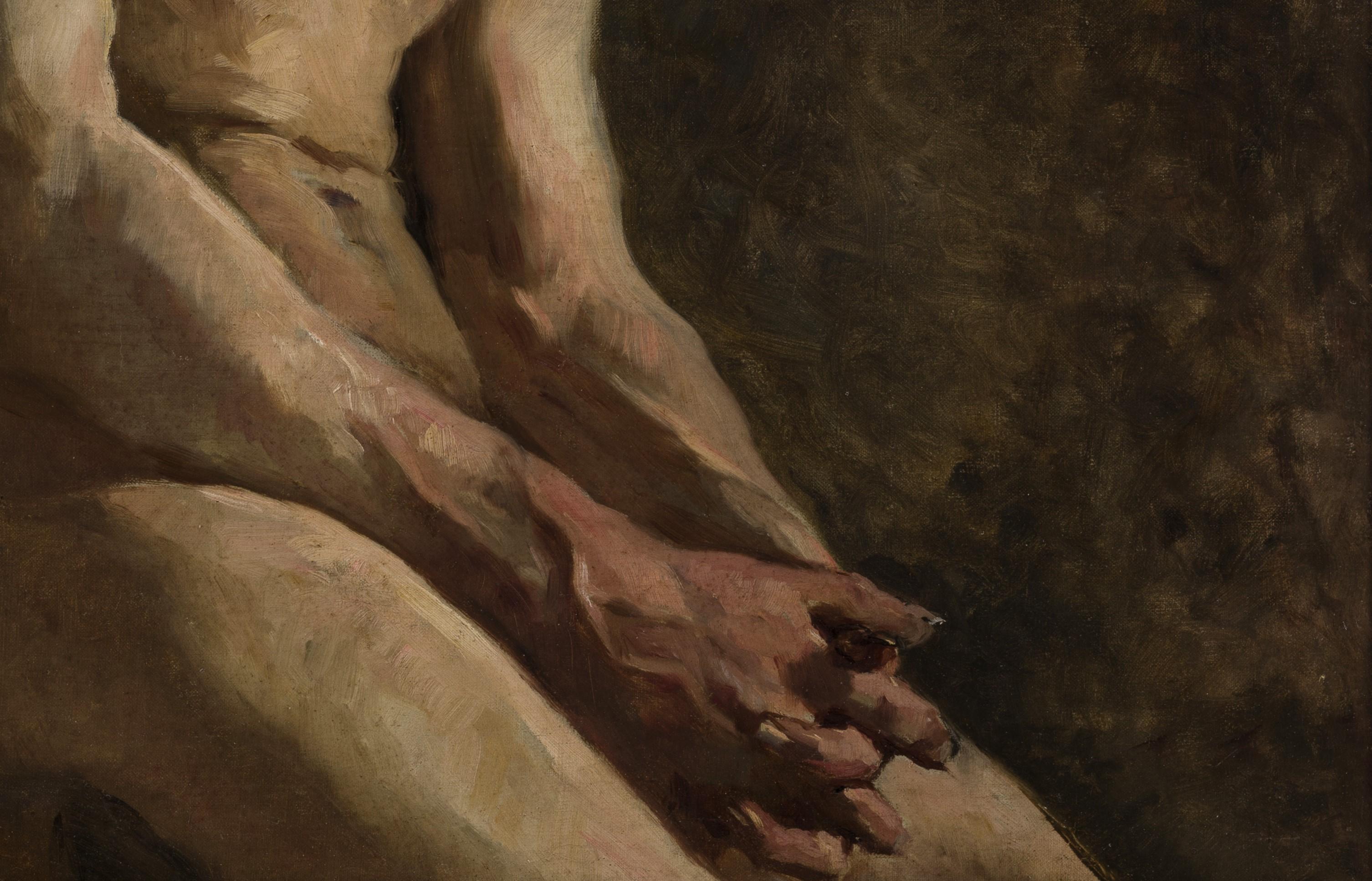 Spanish School, Seated Male Nude, c.1900, oil on canvas, 69cm x 55cm, (81cm x 66cm framed)

This figure study is unusual in that it beautifully captures the character of the sitter, something which is often lost in studies of the period. This deeply
