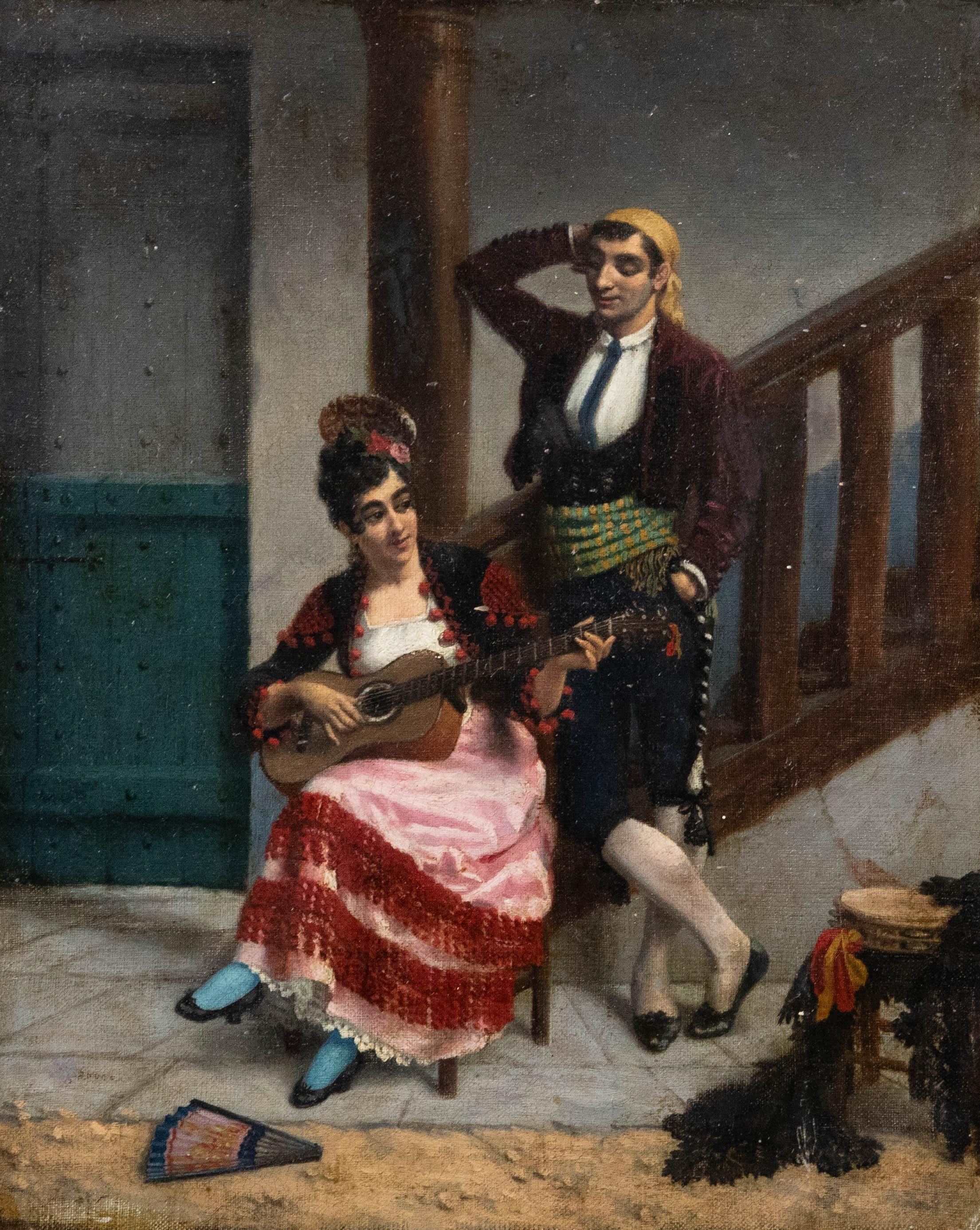 Spanish School Early 20th Century Oil - The Musical Couple - Painting by Unknown
