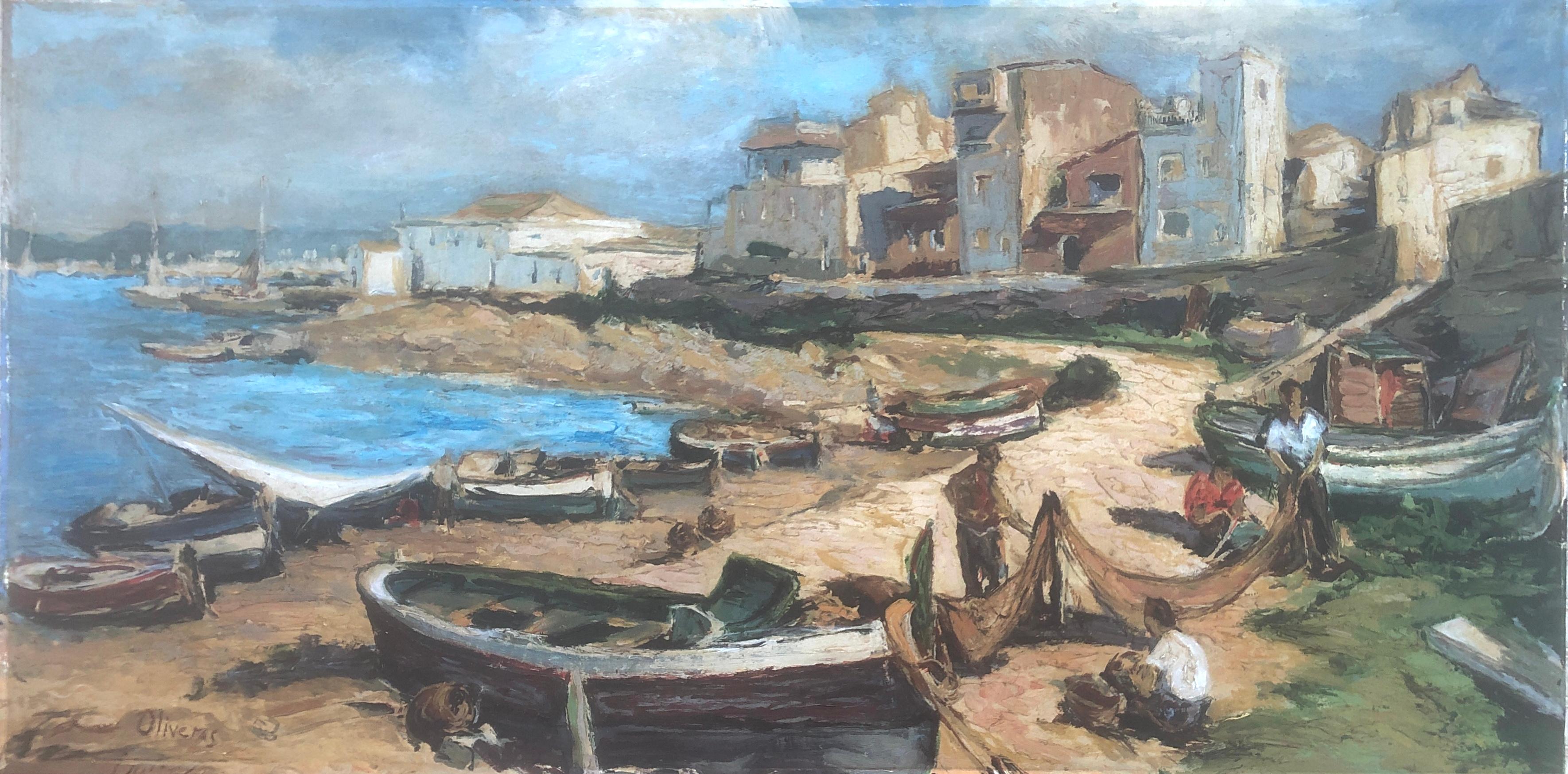 Unknown Figurative Painting - Spanish school fishermen's beach seascape Spain