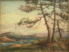 Retro Spanish school landscape oil on board painting
