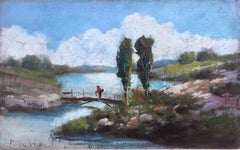 Spanish school landscape with river oil painting Spain