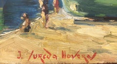 Spanische Schule (XX) Fischer- Strand-Ölgemälde auf Karton, Meereslandschaft Spanien