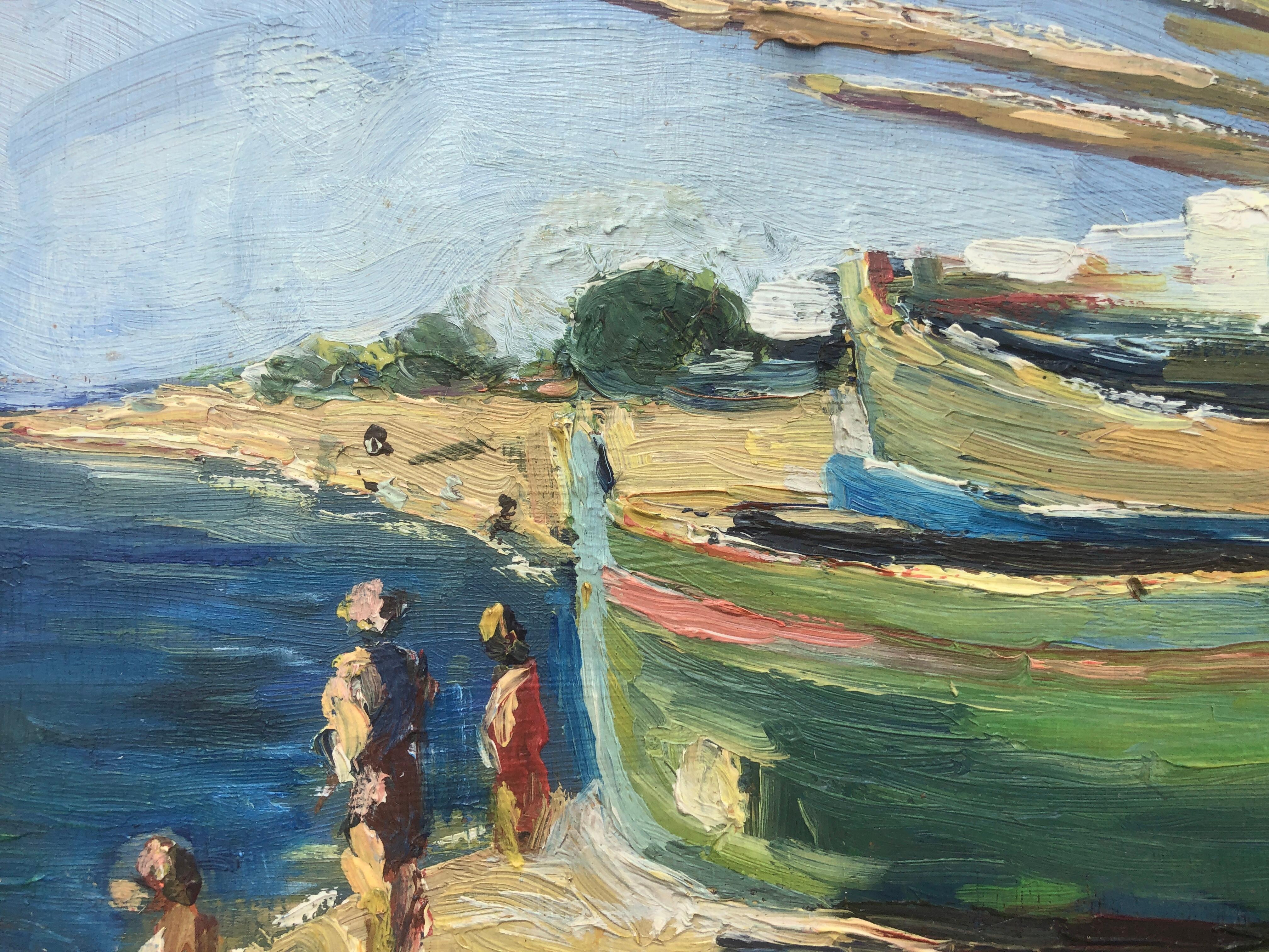 Spanische Schule (XX) Fischer- Strand-Ölgemälde auf Karton, Meereslandschaft Spanien (Impressionismus), Painting, von Unknown
