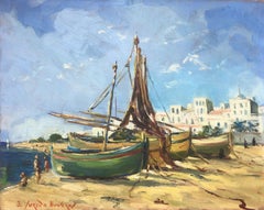 Spanish School (XX) Fishermen's Beach oil on board painting seascape Spain