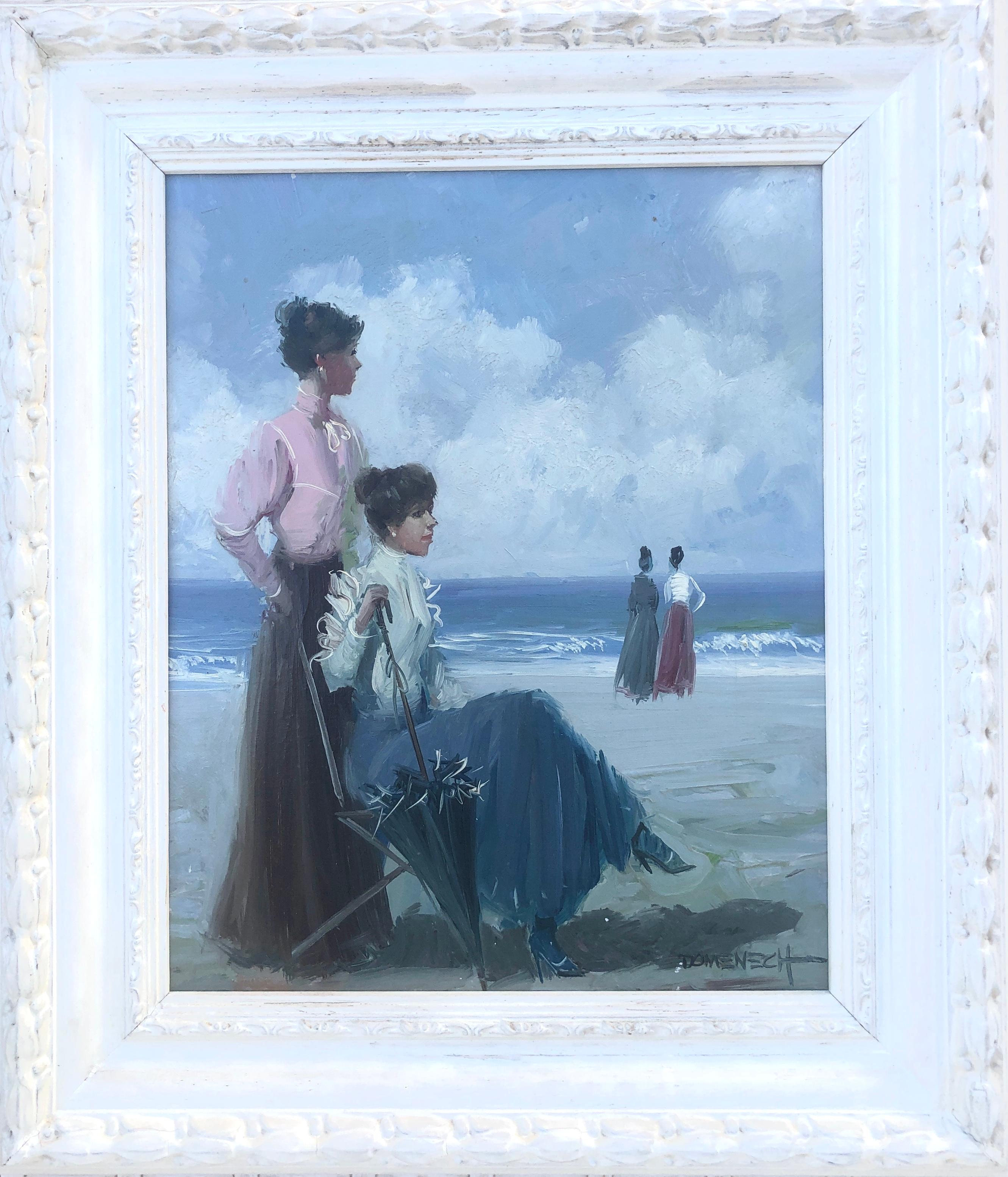 Spanish school (XX) women on the beach oil on canvas painting seascape - Painting by Unknown