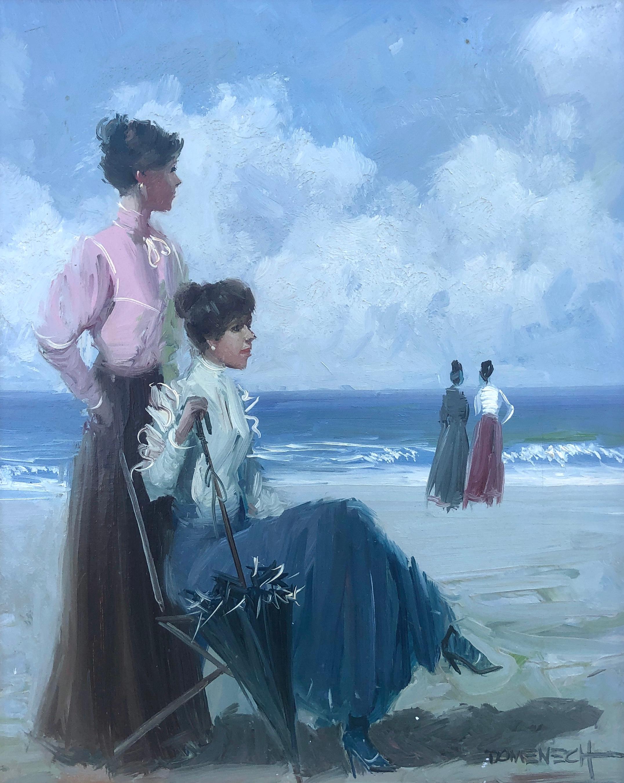 Figurative Painting Unknown - École espagnole (XX) - femmes sur la plage - huile sur toile - paysage marin