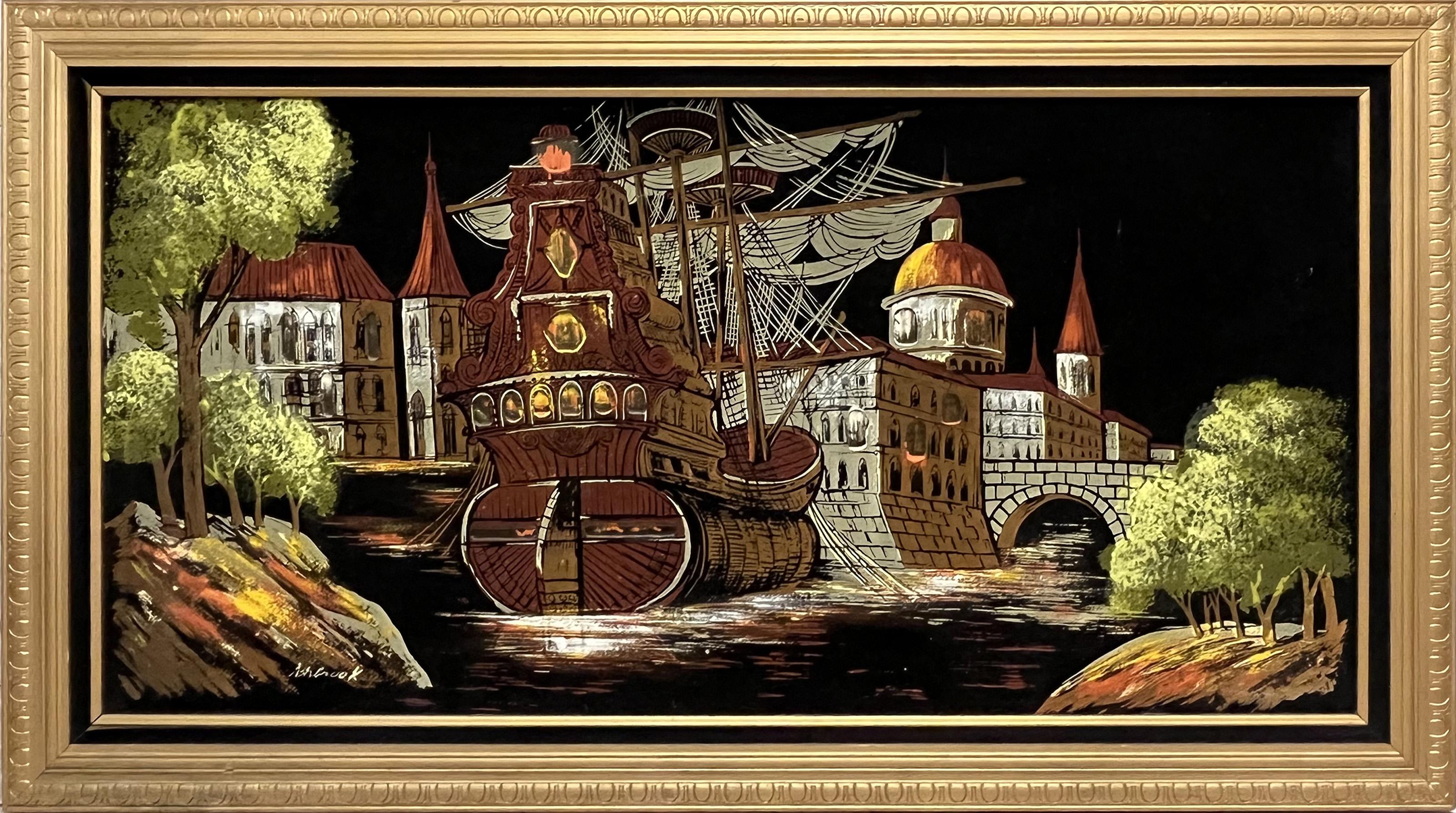 Unknown Landscape Painting - Spanish Ship and Mission Villa, Impressionist Mixed Media Painting