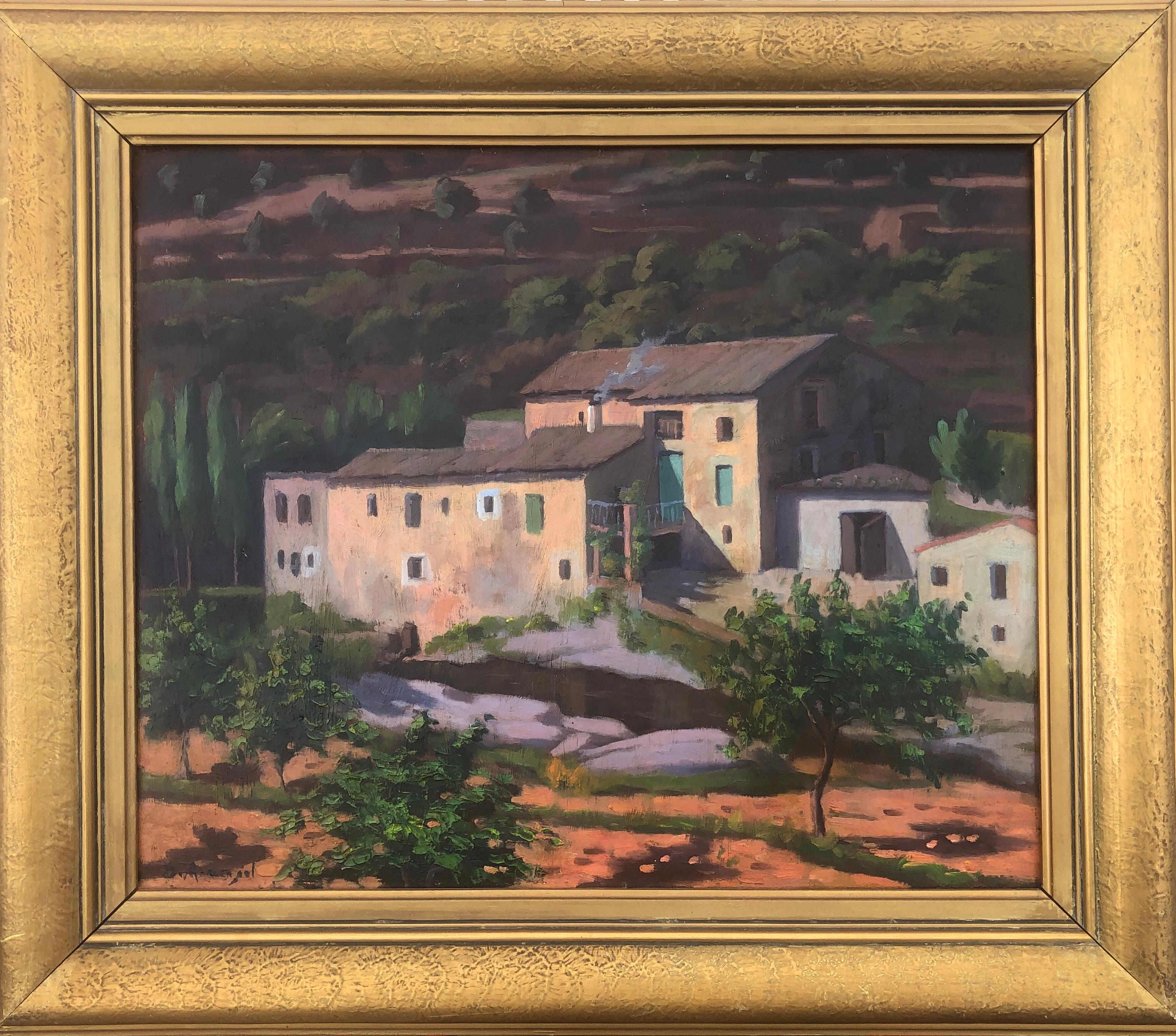 Spanish town landscape oil on board painting - Painting by Unknown