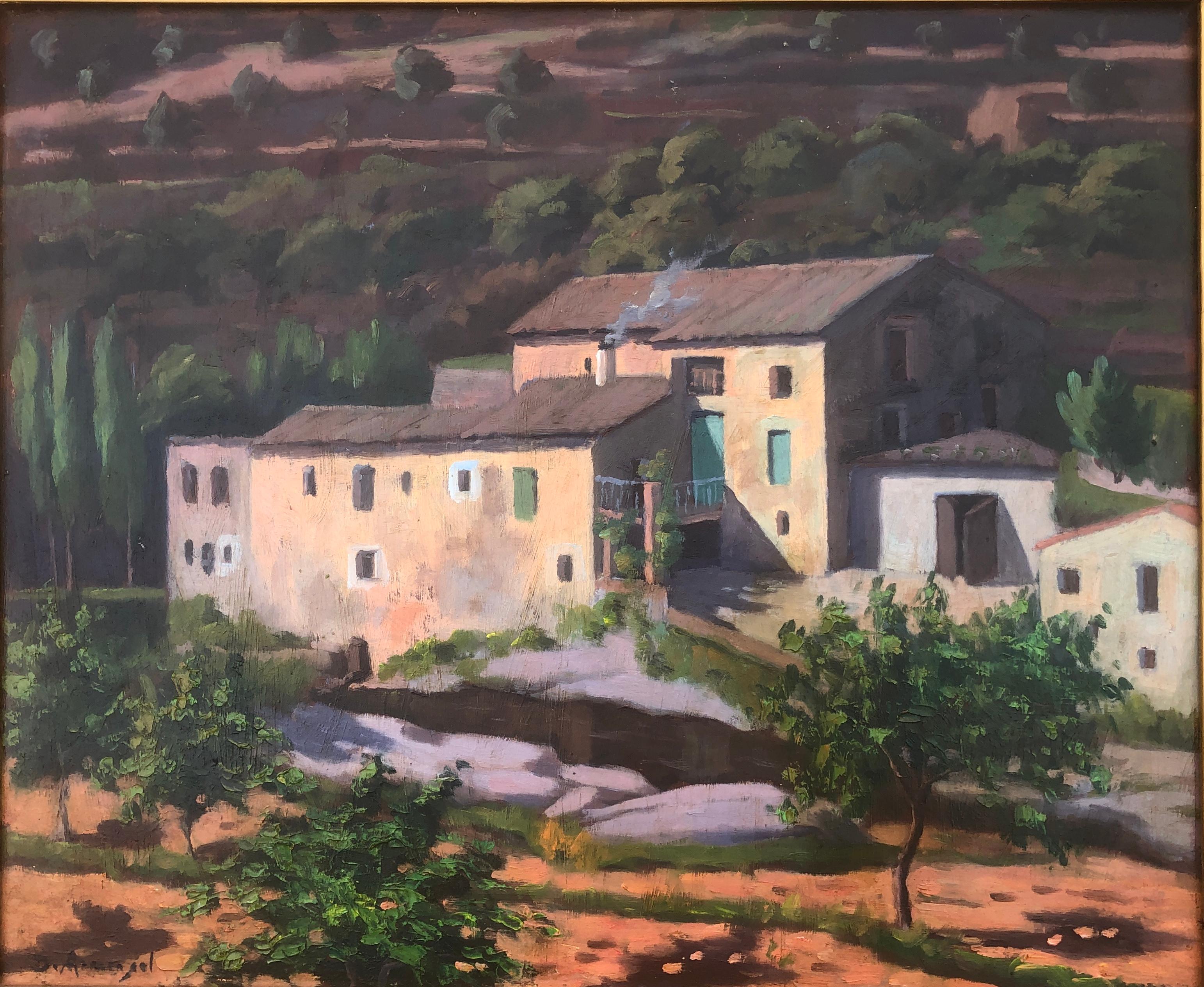 Spanish town landscape oil on board painting