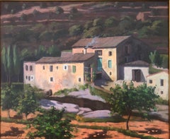 Retro Spanish town landscape oil on board painting