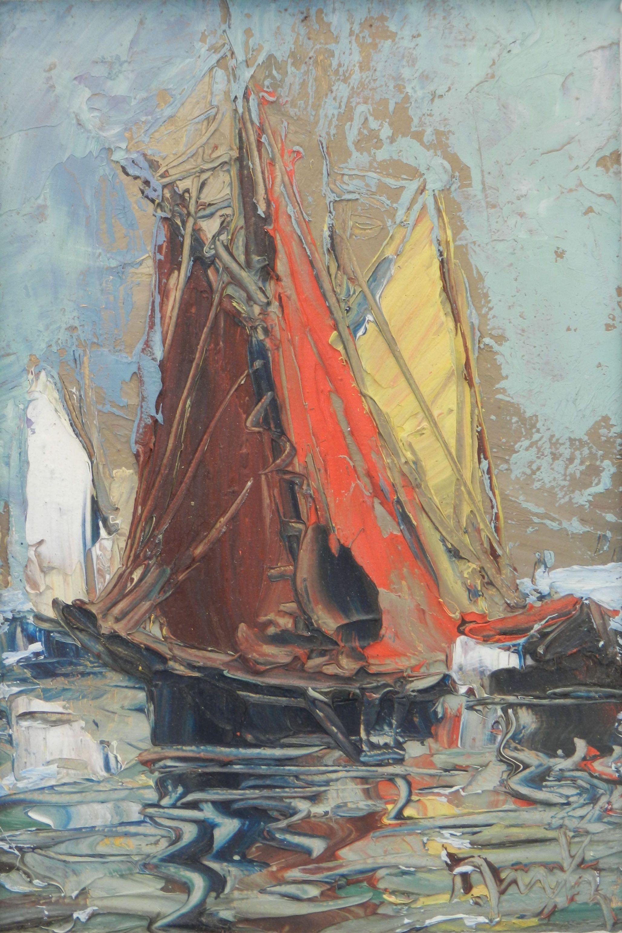 Unknown Landscape Painting - Spanish Yacht Oil Painting c1970