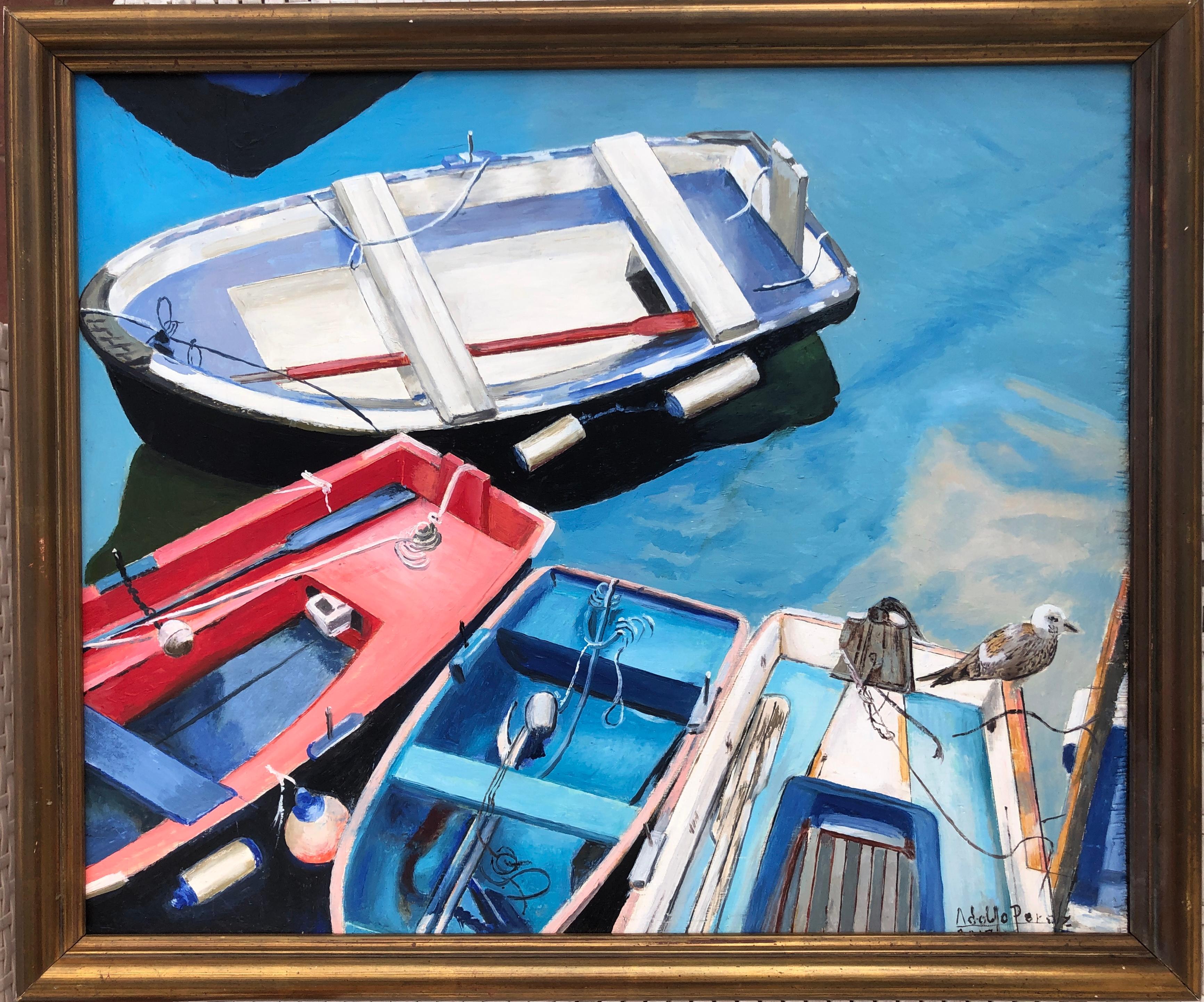 Sports boats oil on board painting seascape - Painting by Unknown
