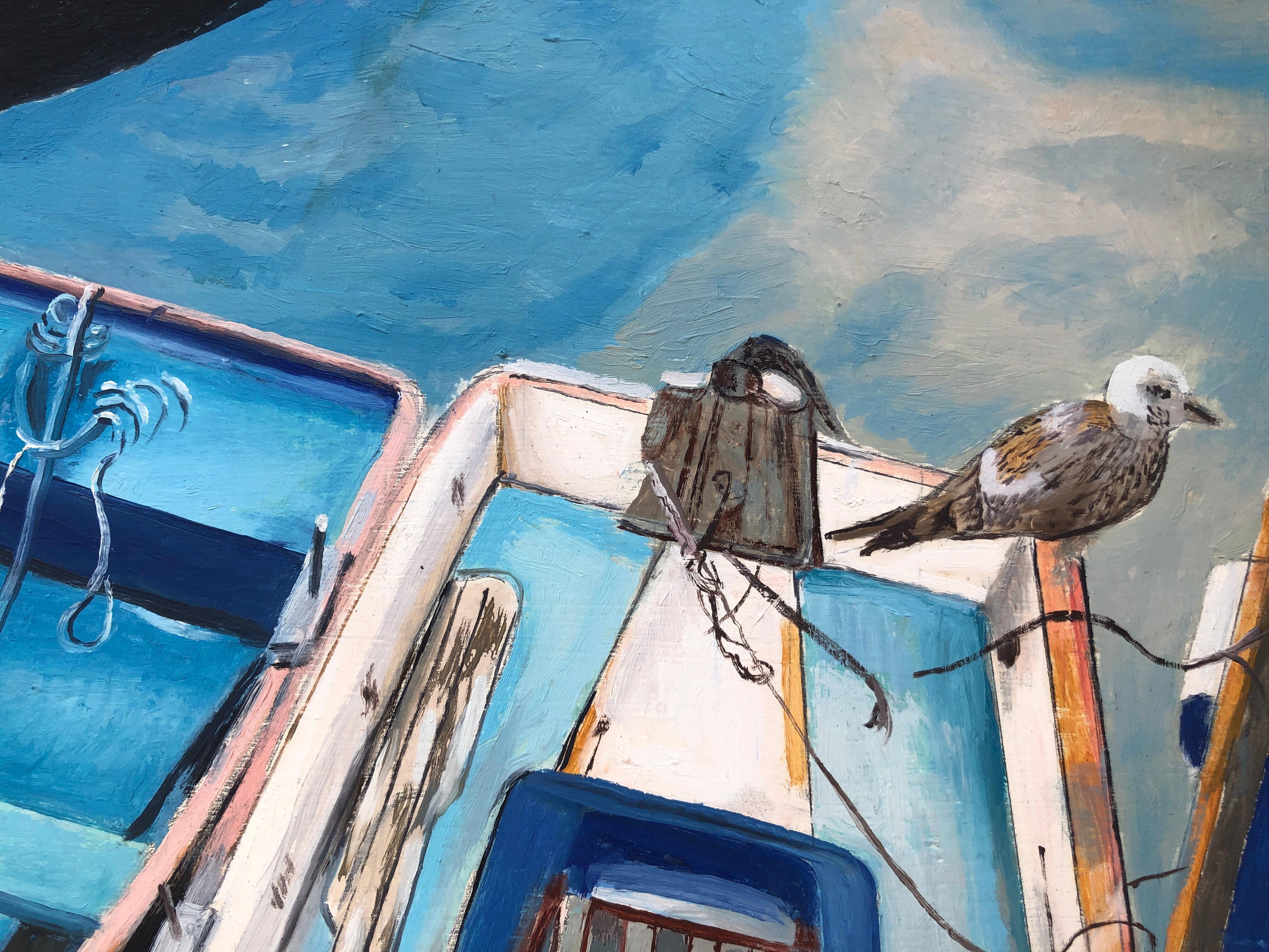 Sports boats oil on board painting seascape - Blue Landscape Painting by Unknown