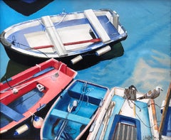 Barche sportive olio su tavola dipinto paesaggio marino