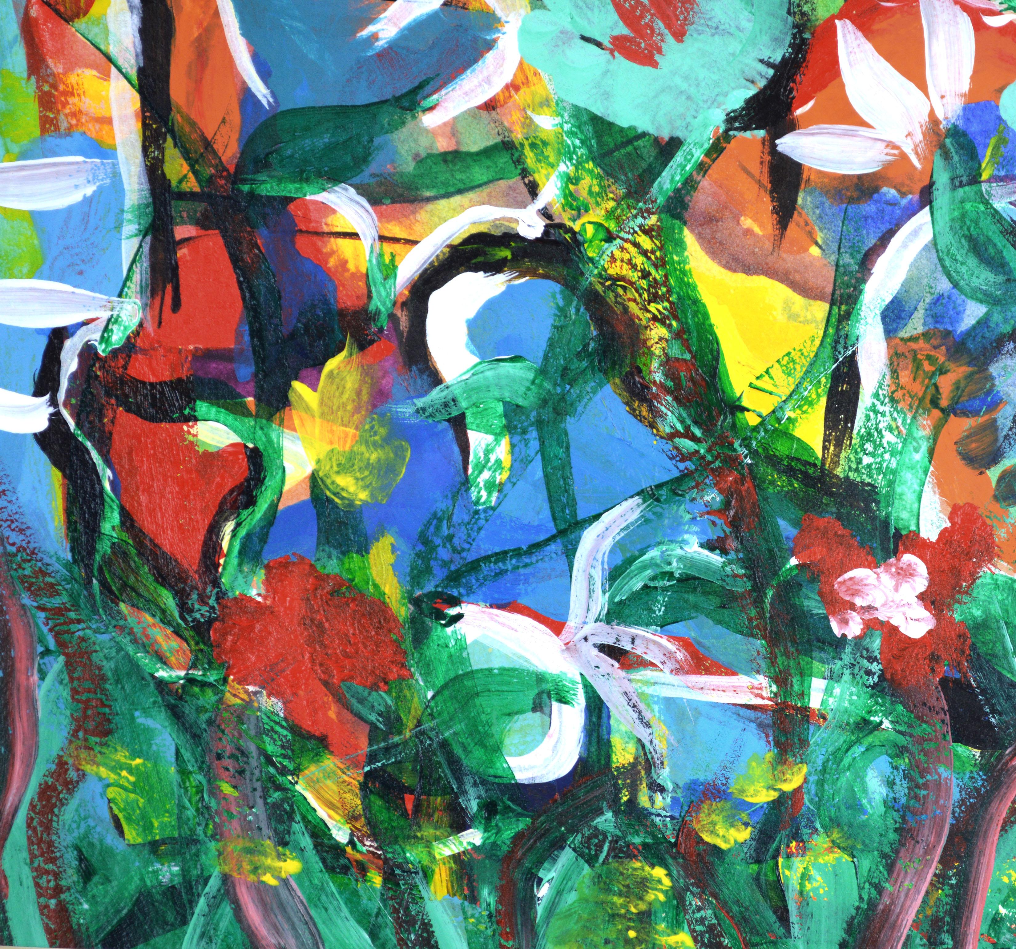 Des fleurs de jardin très énergiques et abstraites et le soupçon d'une figure émergent de cette explosion expressionniste abstraite de couleurs et de formes, par Dana Wegter (Américain, 20e-21e siècle), 2000. Signé et daté 