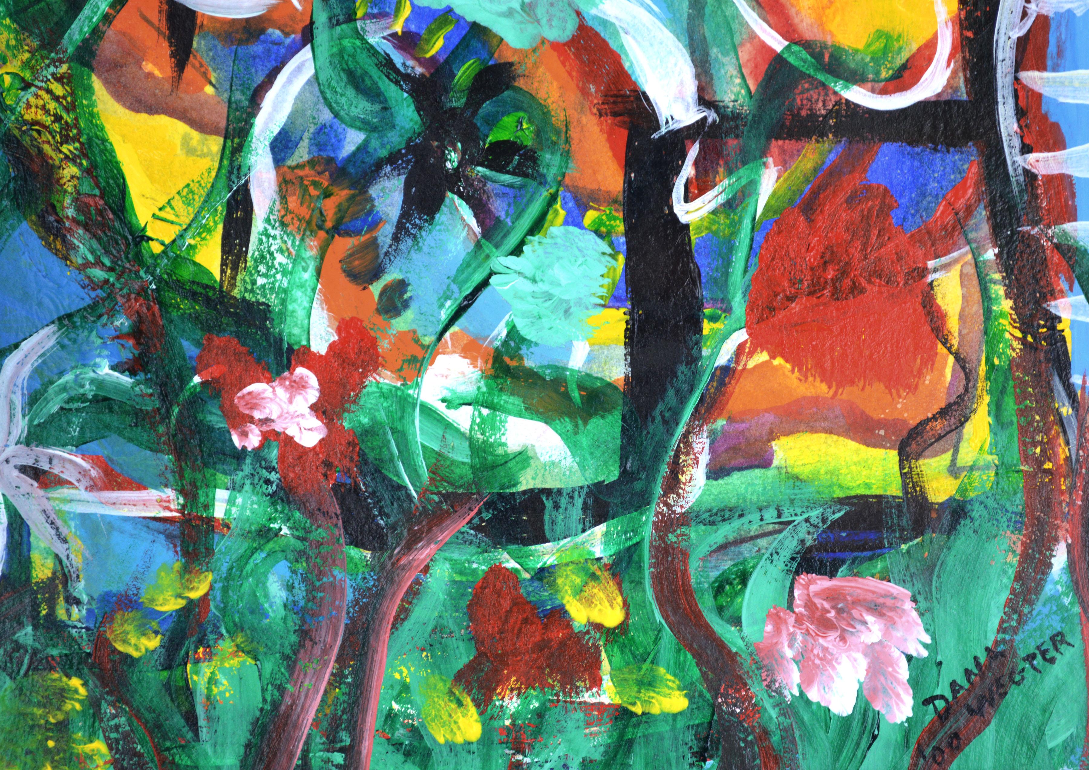 Spring Awakening, Abstract Expressionist Figurative Garden by Dana Wegter - Orange Landscape Painting by Unknown