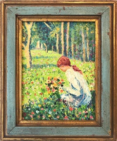 "Spring Field Scene with Woman & Flowers" Impressionist Oil Painting on Canvas
