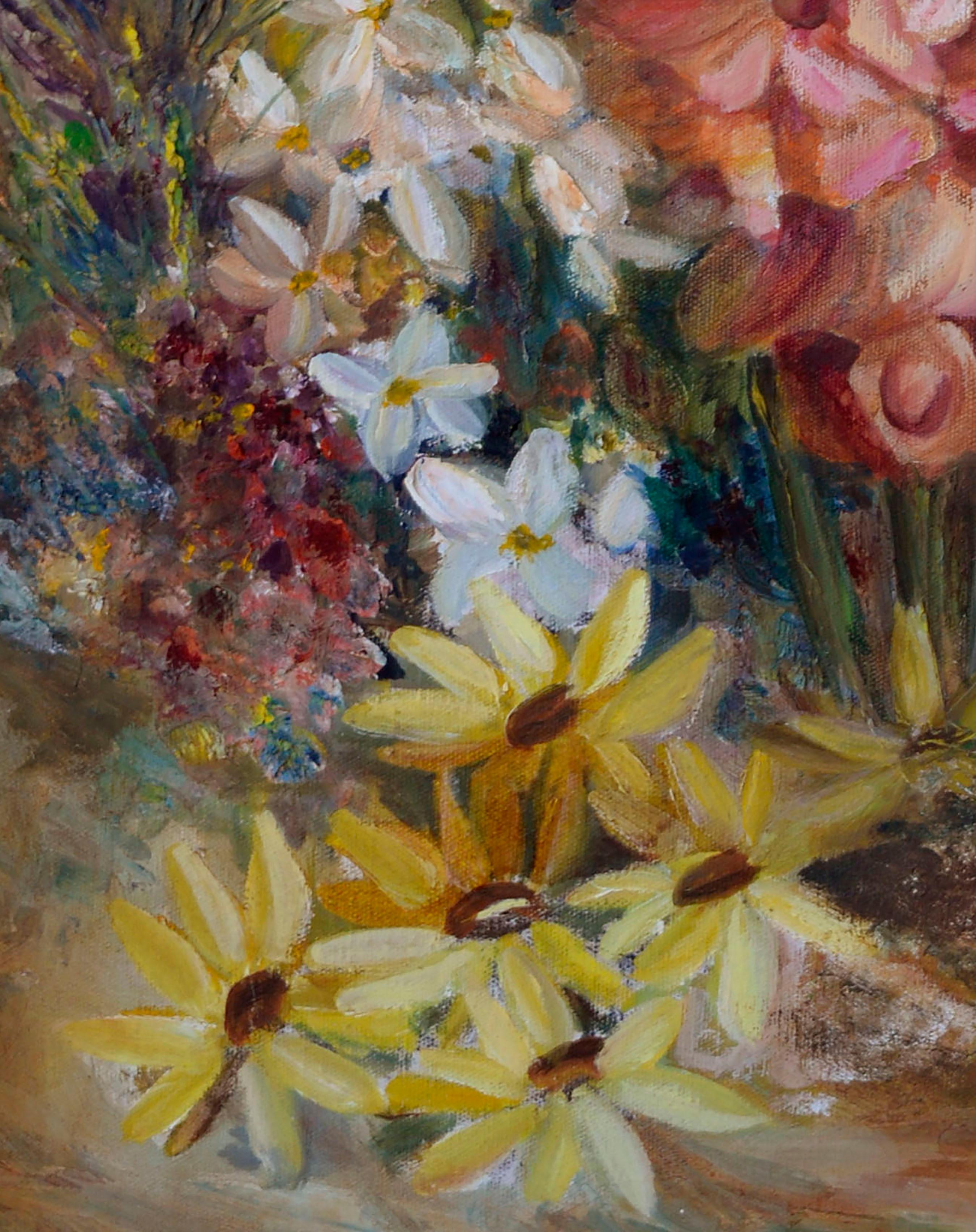 Vivid floral still-life of colorful flowers bursting from a blooming spring garden by an unknown artist (American, 20th Century). Unsigned. Displayed in a rustic wood frame. Image size: 30